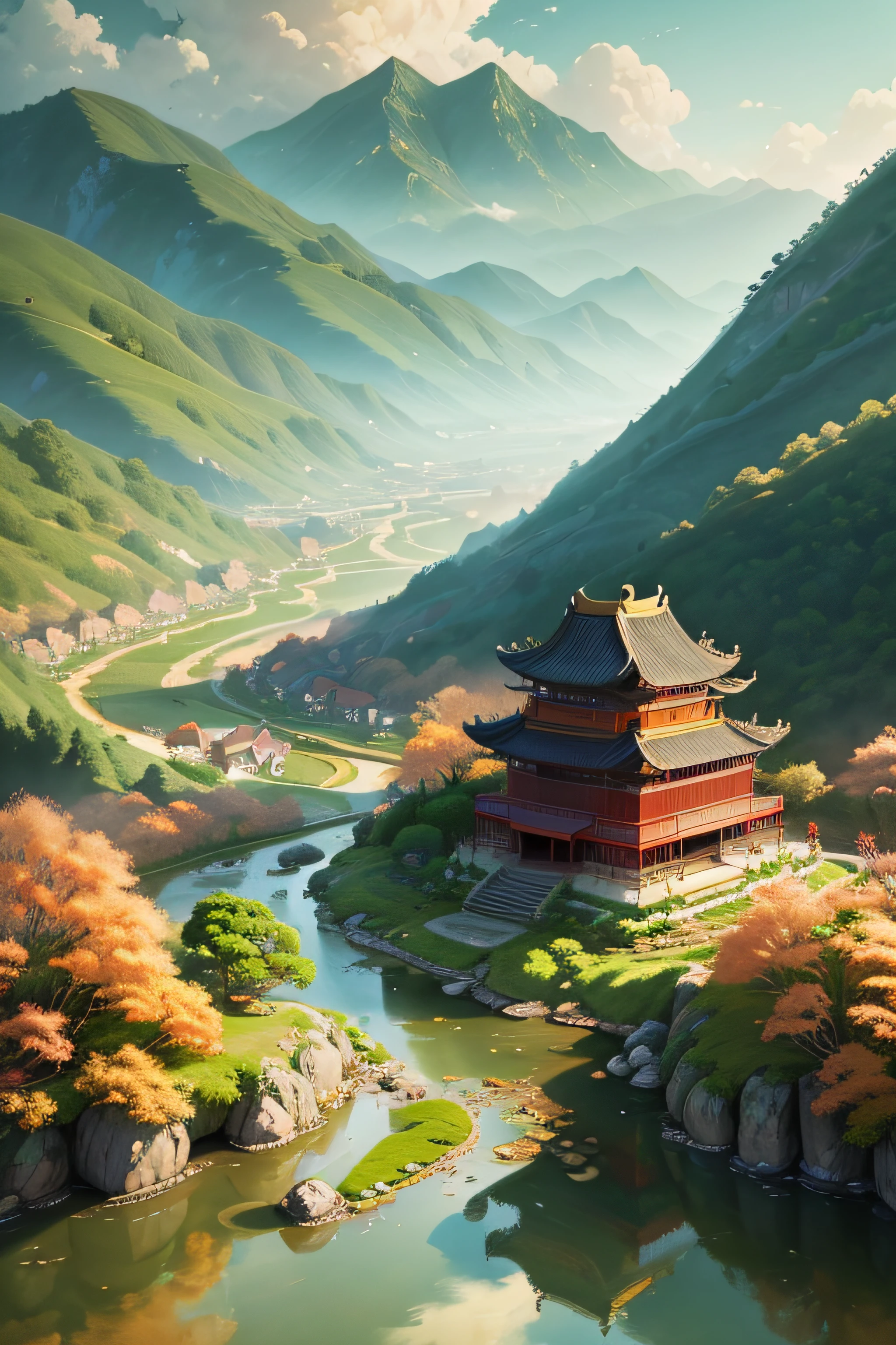 Chinese Village, Landscape iPad wallpaper,Size 772*559, Chinese landscape, scenery art detailed, Temple background, Chinese painting style, Chinese watercolor style, dreamy Chinese towns, amazing wallpapers, Landscape wallpaper aesthetics, Landscape wallpaper, landscape artwork, background depicting a temple, Anime landscape, Zen temple background, Beautiful wallpaper, green colored theme