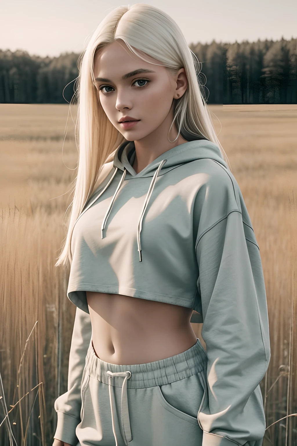 1girl in, 19, Solo, Aesthetic artwork, platinum blonde hair, long straight hair, detailed hair, full c cup breasts, c-cup, slender body, Full body, detailed skin texture, (extremely detailed 8k wallpaper), soft lighting, high quality, film grain, Fujifilm XT3 sharp focus, f 5.6, 50mm, High Detail, Sharp focus,(natural light), (seductive), in a cropped top standing in a field of green grass, wearing a sexy cropped top, wearing a cute top, young and cute girl, wearing a cropped hoodie, wearing crop top hoodie, good young girl, Realistic, ultra realistic,