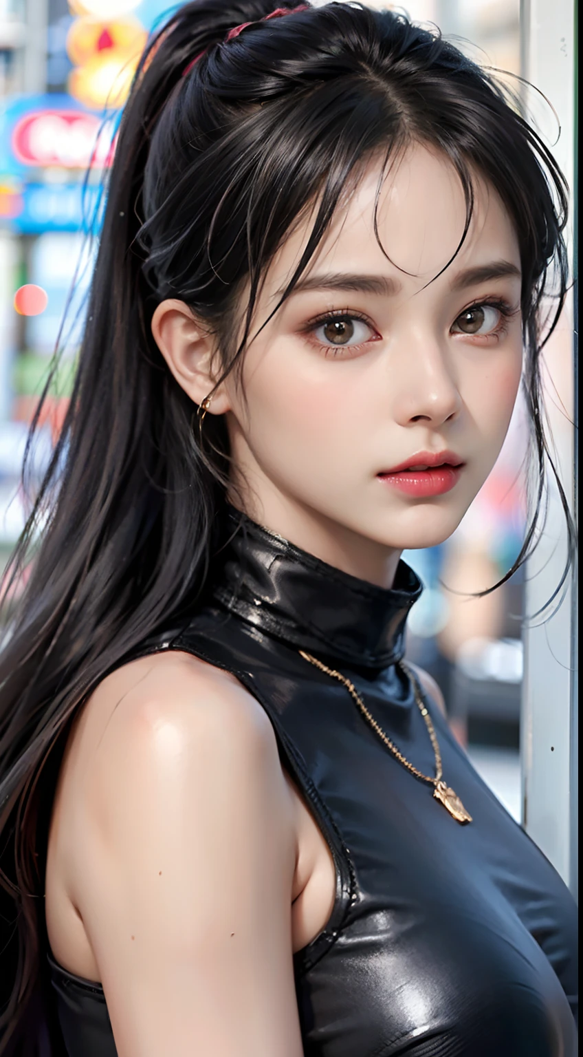 18-year-old schoolgirl, cute schoolgirl, beautiful girl, delicate and beautiful girl, delicate facial features, long-range portrait, 8K picture quality, extreme detail, detail portrayal, messy hair, (cute bangs), ponytail, flowing hair, black hair, slim face, perfect proportioned body, slim body, realism, super high resolution, master work 1, real texture, movie lighting realism, facial features, supple lips, ((pure desire makeup)), pure girl, first love, first love, shyness, Blush, shyness, innocent expression, summer, outdoors, ((street reality)), gaze at the camera, look at the viewer, (turtleneck sleeveless crop top), ((pink), leather wrapping, (huge breasts), sleeveless
