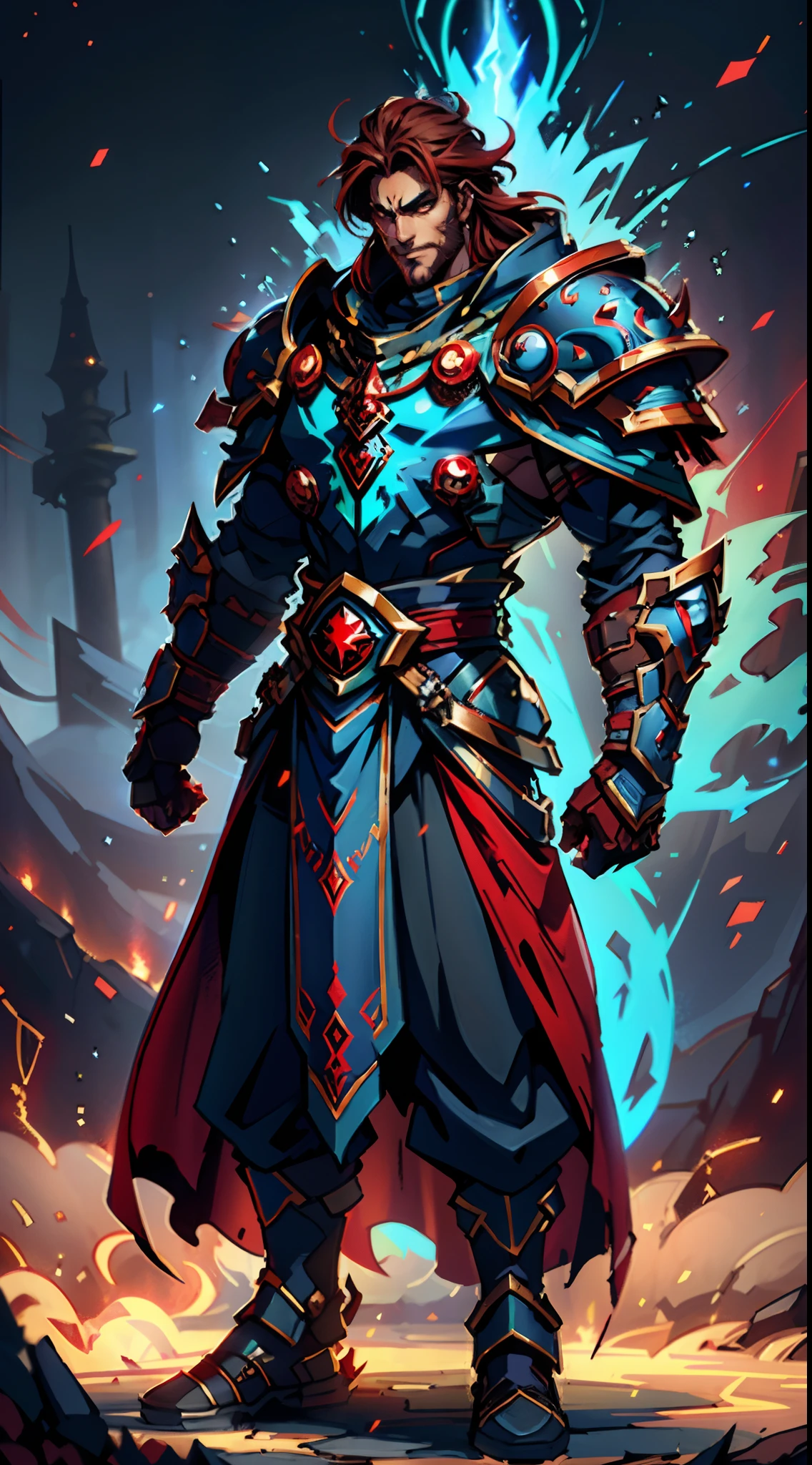 A man with long reddish-brown hair, wearing a red headband, an Eastern European face, deep and confident eyes, a confident smile, a red elongated totem mark on his face, a tall and strong physique, he wears a fantasy-style overlord attire, a blue-gold thick breastplate, a black tight-fitting undershirt, a massive cloak with heavy metal decorations, that cloak covers most of his body, thick red and blue heavy gauntlets, a metal belt with a thick long skirt-like hem, black pants, metal leg guards that match the gauntlets, he steps on the space with an awe-inspiring presence, red and blue and green energy surrounds him, red and blue and green Power surrounds him, white frost swirls around him, blue ice around him, red fire around him, purple Lightning around him, this character embodies a finely crafted fantasy-style overlord in anime style, characterized by an exquisite and mature manga illustration art style, high definition, best quality, highres, ultra-detailed, ultra-fine painting, extremely delicate, professional, anatomically correct, symmetrical face, extremely detailed eyes and face, high quality eyes, creativity, RAW photo, UHD, 8k, Natural light, cinematic lighting, masterpiece:1.5