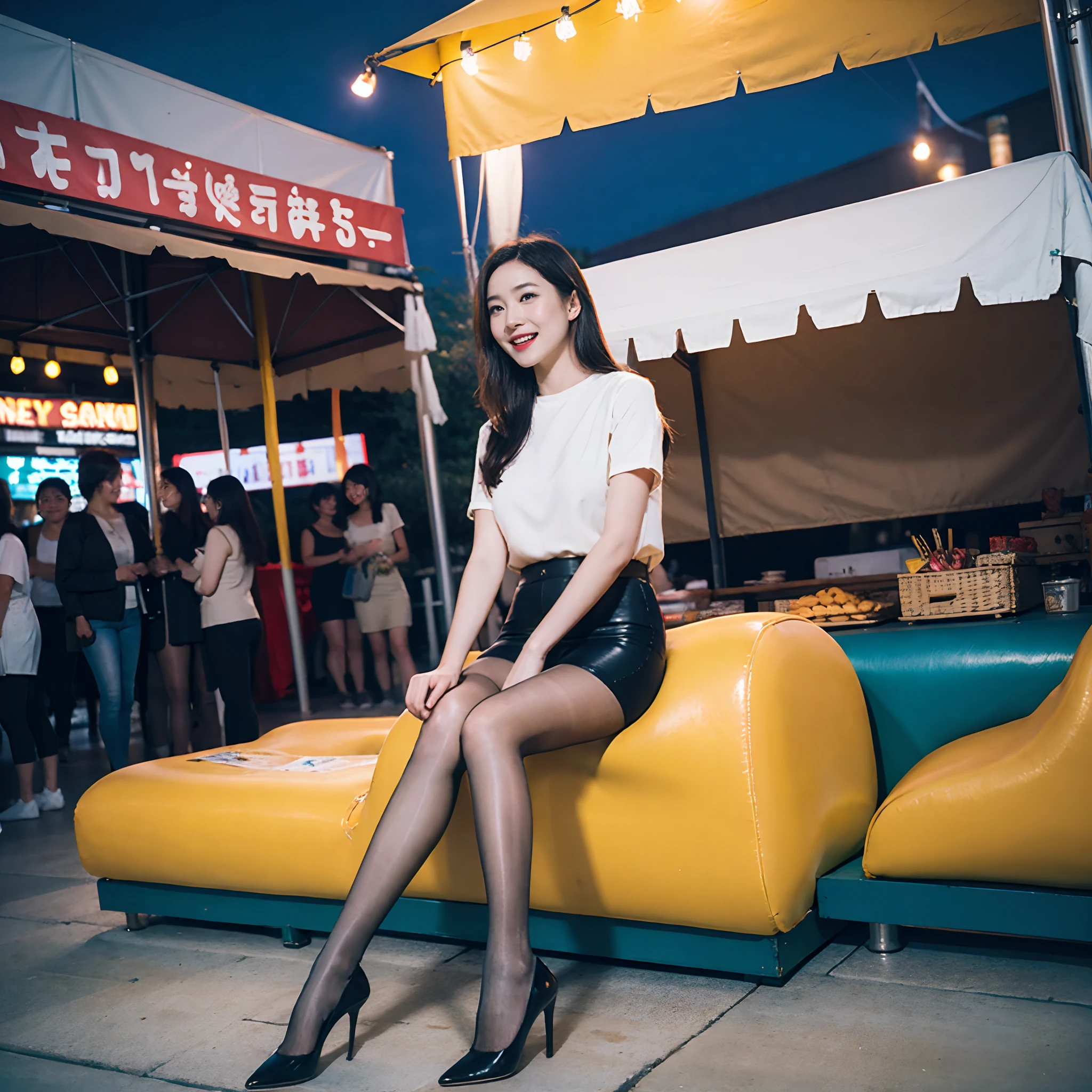 Lively night market. The woman wears casual clothes, Bring snacks, Her face was filled with joy and contentment.Flesh-colored pantyhose,high-heels