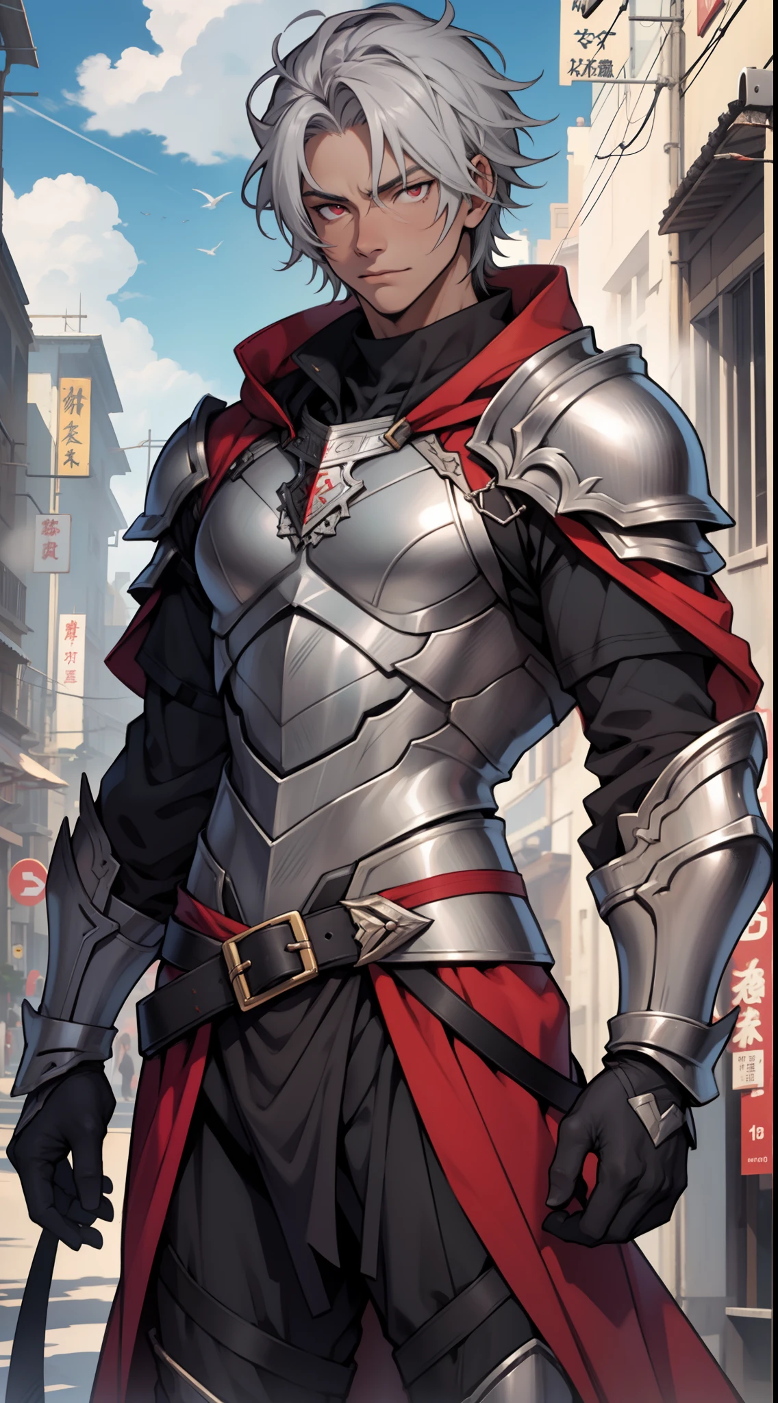 tmasterpiece,Need,超高分辨率,shoun,Black armor,Cloak,musculature,(Short silver-gray hair),red color eyes,Libido boy,scales,Clouds,Dark skin
