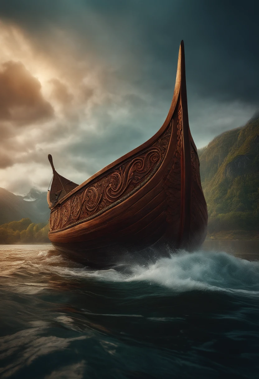 Viking longboat about to fight the the world serpent