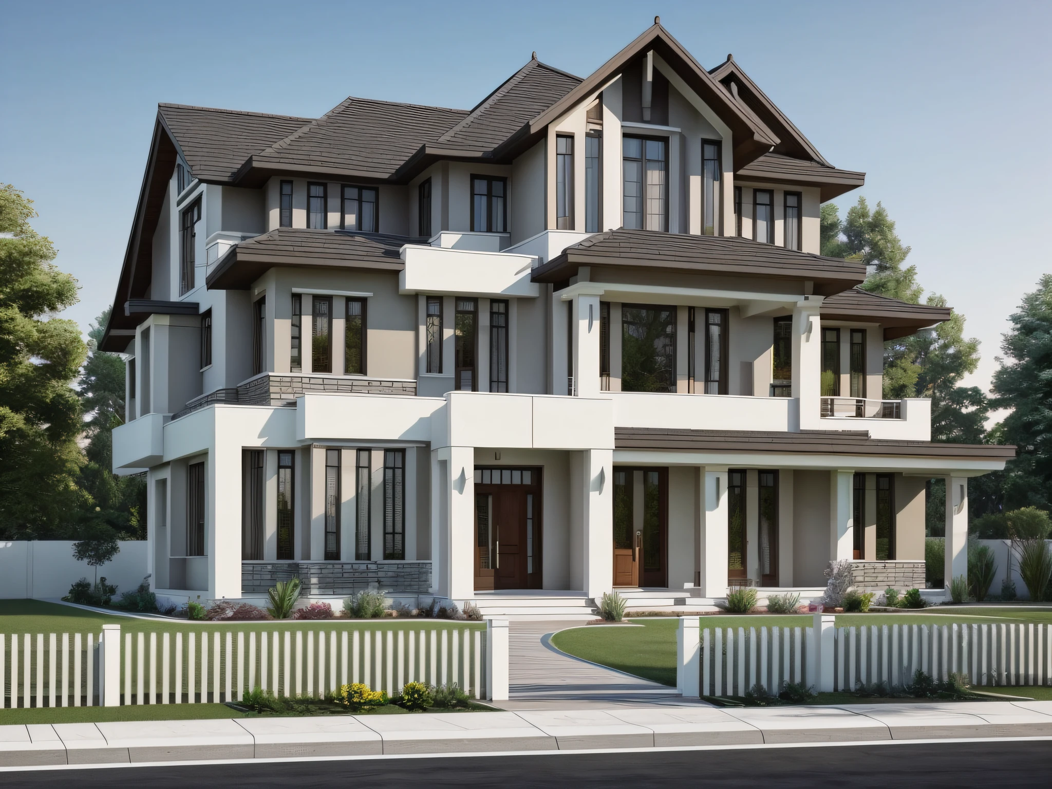 a rendering of a house with a car parked in front of it, neotraditional modern, mix with rivendell architecture, all white render, architectural rendering, exterior design, by Carey Morris, artistic impression, gothic revival, neo-gothic concept, detailed renderings, dramatic rendering, artistic rendering, overall architectural design, rendering of checkmate, realistic style, rendering