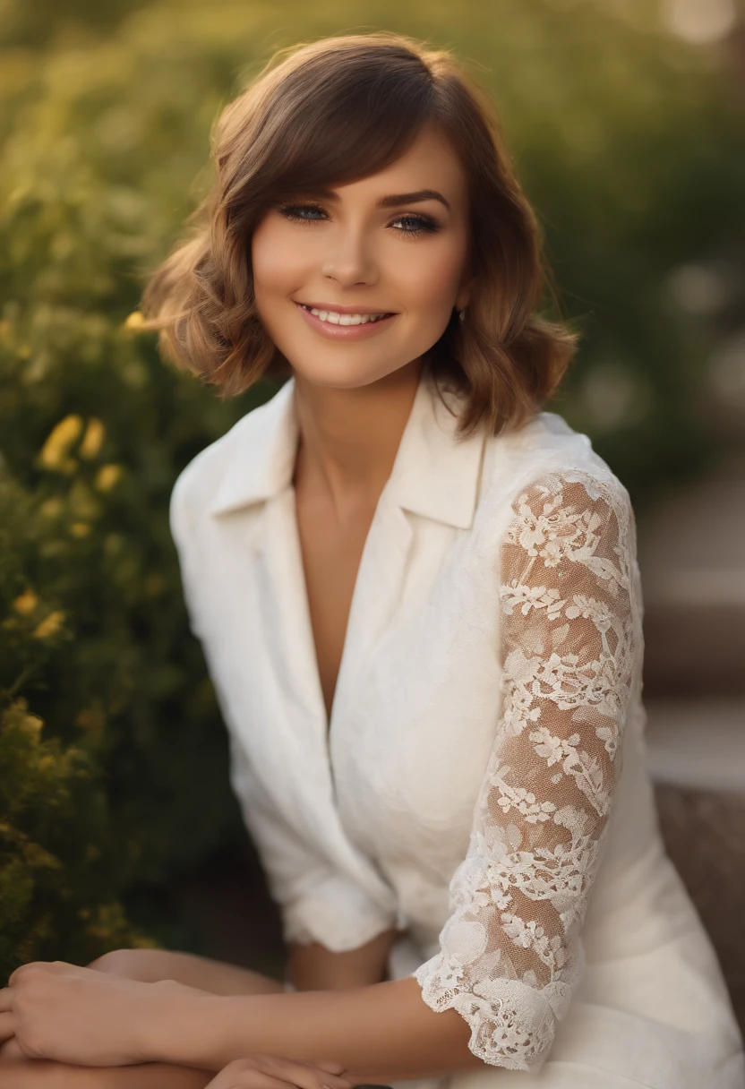 sunny day, graceful photo of a girl in a Blazer Dress, (puffy eyes:1.05), (white lace shirt), platinum brown hair, (angled bob:1.4), flat bangs, (flowing hair), smile slightly, happy, happiness, high detailed skin, skin pores, stunning innocent symmetry face, long eyelashes, black eyeliner, light golden eyeshadow,(sitting down on the banch), crossed_legs, emotional, wind, park, trees, grass, masterpiece, best quality, photorealistic,