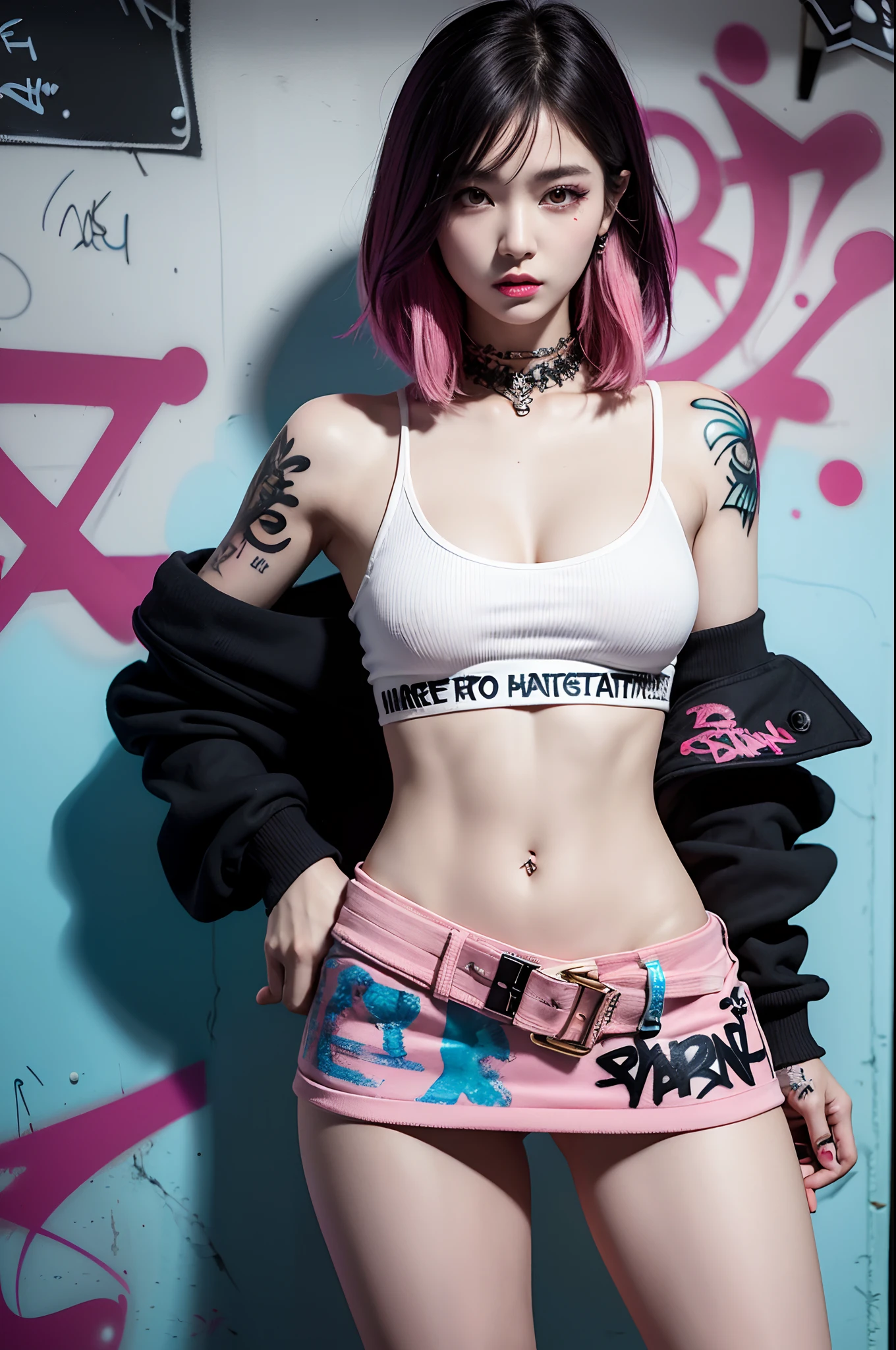 (highest image quality), (masterpiece), (vibrant, photography realistic, Realistic, Dramatic, Dark, Sharp focus, 8K), Full color drawing of korean girl hip-hop, hip-hop, hip-hop, hip-hop, miniskirt jeans, rapping (((graffiti art))), in a sea background, crazy details, intricate details, hyper details , Low Contrast, Cinematic Soft Light, Exposure Blend, HDR, Front (1girl), bare legs, bare shoulder, (colorful hair), music, white skin, sexy, nsfw, luxury, model pose , (detailed face, lip, nose, rouge, eyeshadow, lipstick, gorgeous face), thigh high skirt, (all body), (all body get tattoo:1.2), pink sneaker, nice body