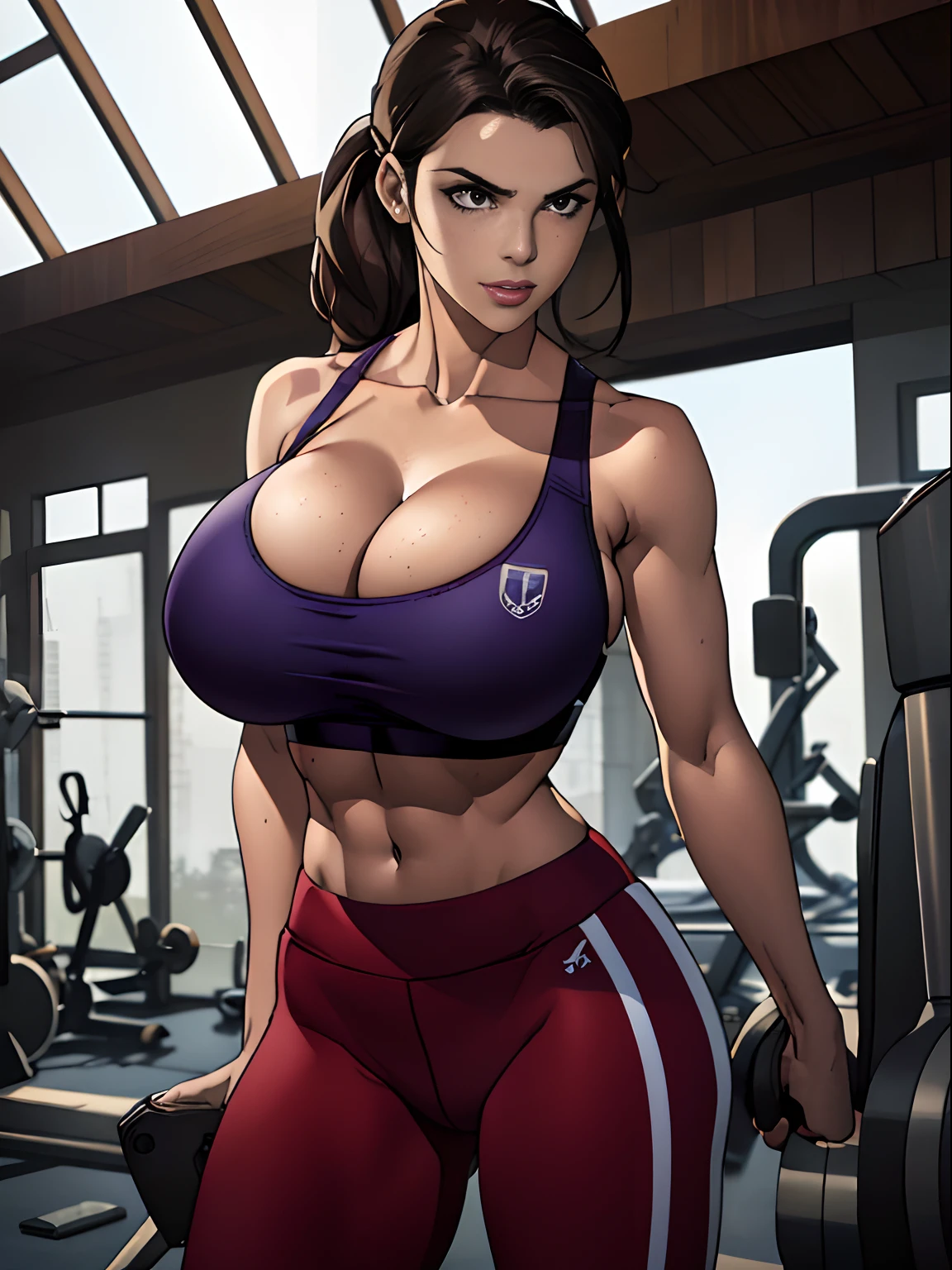 (masterpiece, top quality, best quality, official art, beautiful and aesthetic:1.2), (1girl:1.3), (gorgeous face), light freckles, fair skin, brown hair, extremely detailed, portrait, looking at viewer, solo, (full body:0.6), detailed background, close up, (airy modern theme:1.1), extremely busty gym girl, ponytail, big lips, arched back, charlatan, smirk, mysterious, flexing in the gym, sports bra, leggings, headphones, wet, workout gear, weight machines, windows, modern gym, well-lit, thin and toned physique, ((((gigantic breasts, cleavage, skindentation)))), slim waist, slim hips, long legs, modern (gym interior:1.1) background, dark mysterious lighting, shadows, magical atmosphere, dutch angle,
