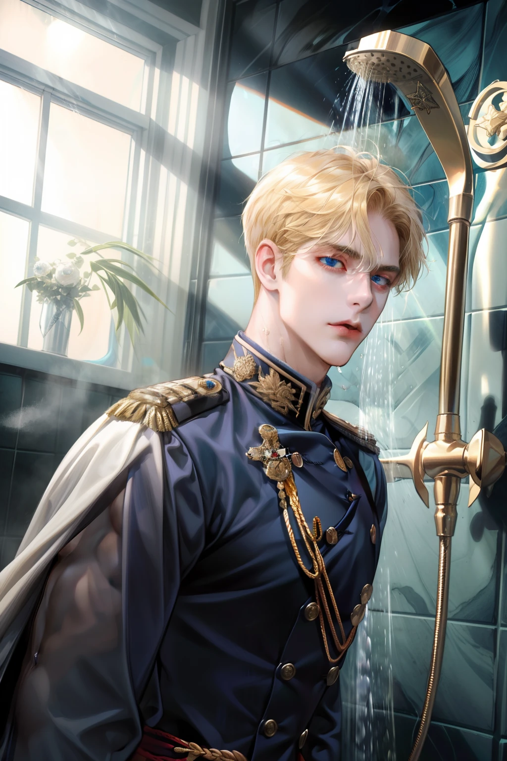 (absurdres, highres, ultra detailed), 1 male, adult, handsome, tall muscular guy, broad shoulders, finely detailed eyes, Fantasy, royal, nobleman, Admiral, short hair, blonde hair, blue eyes, fleet commander, navy, commander, white uniform, dutch angle,naked,in shower, two men