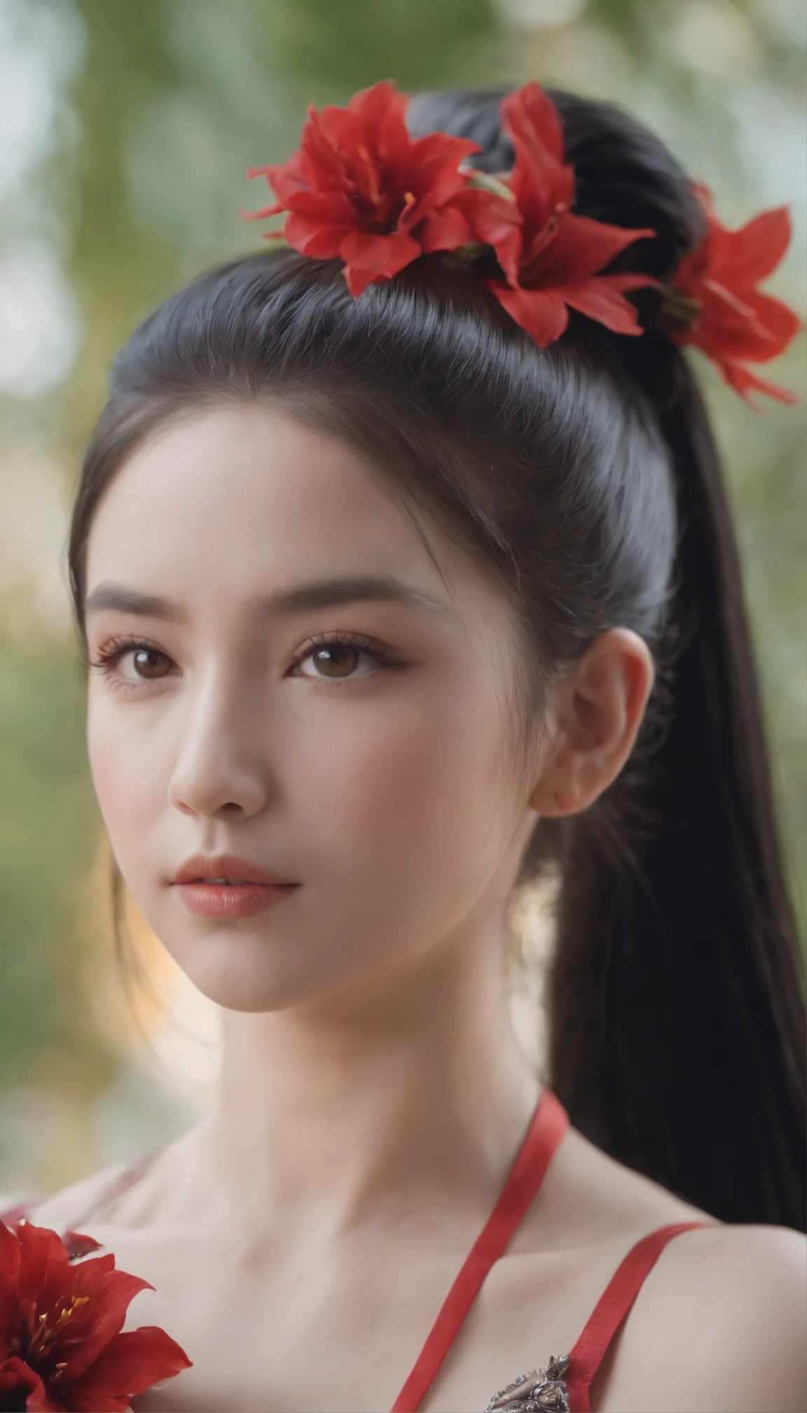 Godas, Solo, 1girll, Yellow_pupils, +_+, black_Hair, High_pony tails, Red_flower_Hair_decorations