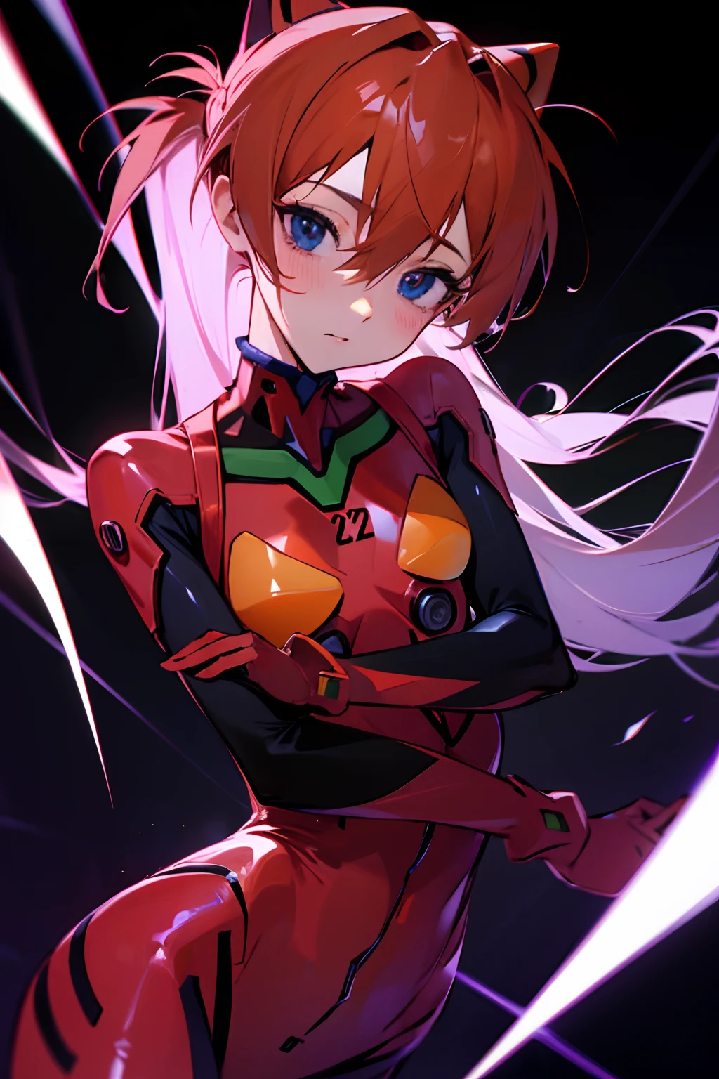 bodysuit, long sleeves, plugsuit, red bodysuit,,4k,absurdres, masterpiece, asuka langley soryu, blue eyes, hair between eyes, headgear, interface headset, orange hair, cinematic lighting,neon,vintage vhs glitch