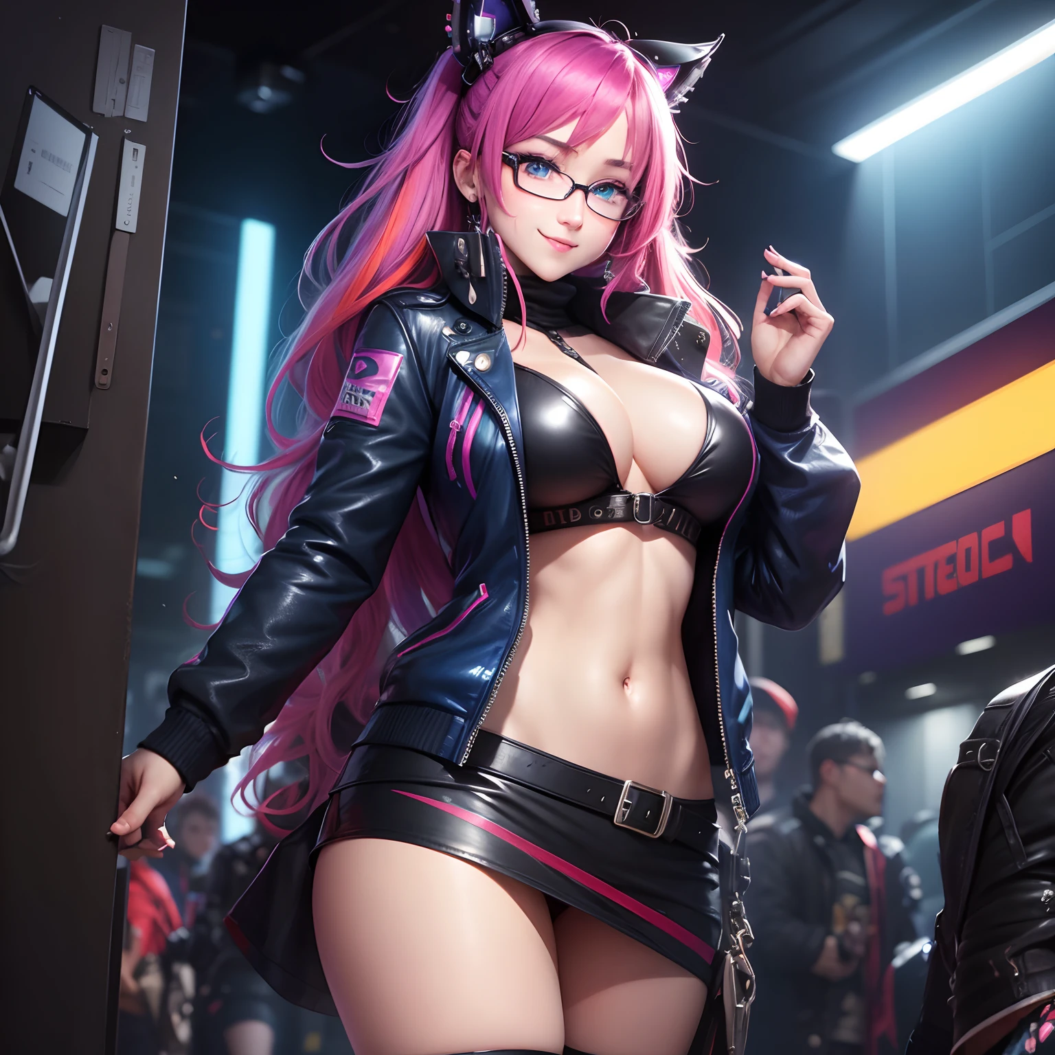 Gamer Girls,harems,girl,a smile,a beauty girl,hyperdetailed face,super-detaild skin,eye glass,Multicolored hair,huge tit,top-quality,Excellent style,Young girl,超A high resolution,blue eyess,leather jackets,cyberpunked