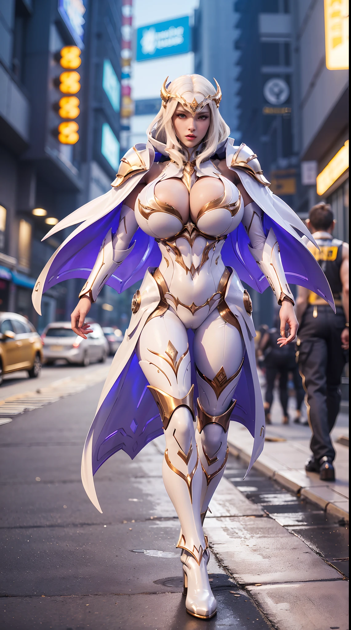 1GIRL, SOLO, (DRAGON HORN HELMET), (HUGE FAKE BOOBS:1.3), (WHITE, GOLD, PURPLE), (FUTURISTIC MECHA BODYSUIT, ROYAL FEATHERS CLOAK, CLEAVAGE:1.2), (SKINTIGHT YOGA PANTS, HIGH HEELS:1.2), (PERFECT BODY, MUSCLE ABS, LONG LEGS, FULL BODY VIEW:1.5), (LOOKING AT VIEWER), (WALKING DOWN STREET CYBER NIGHT CITY:1.2), ULTRA HIGHT DEFINITION, 8K, 1080P.