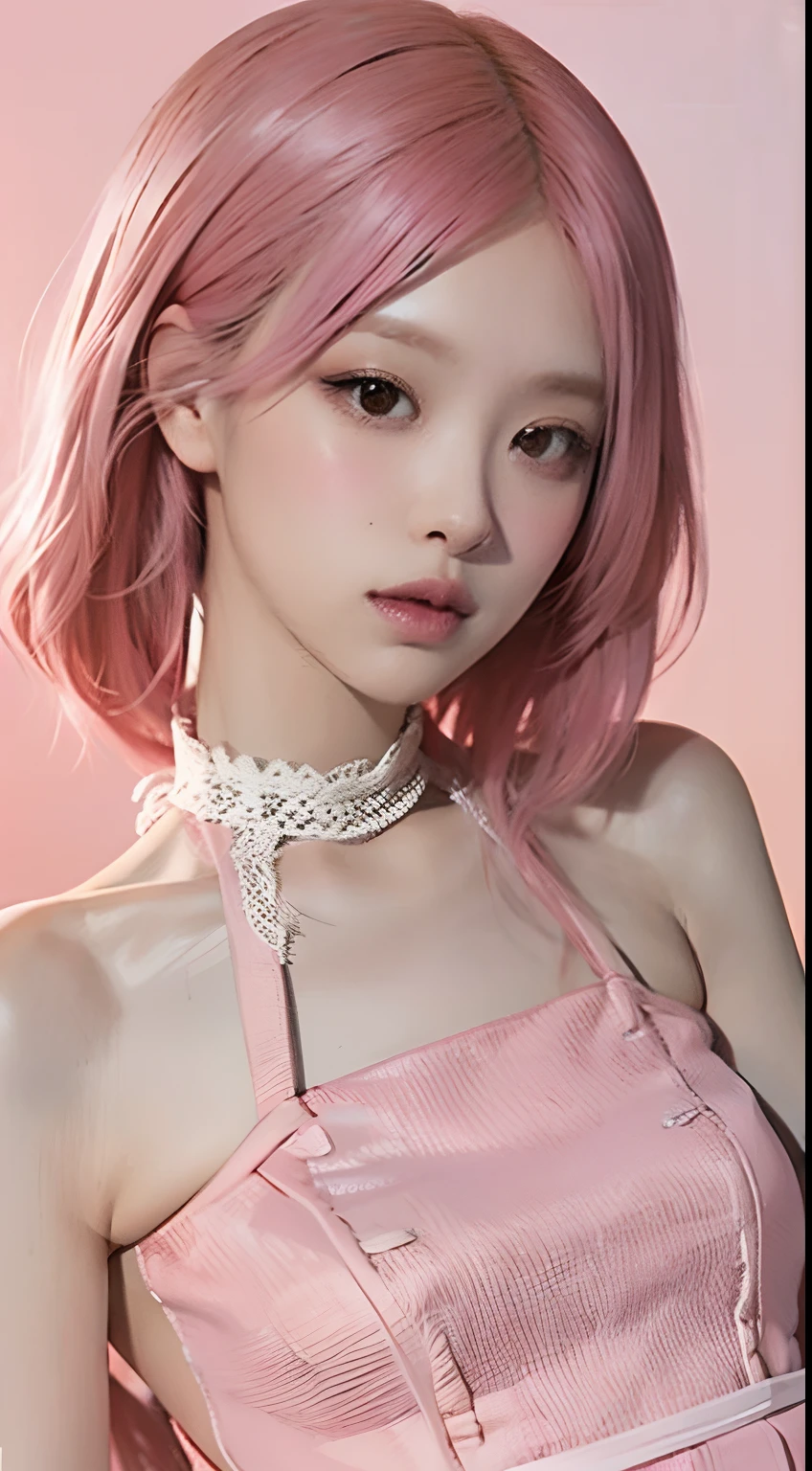 Pink hair, pink dress, pink theme, pink background