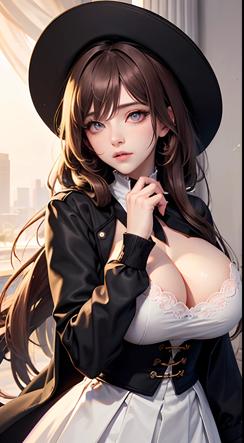 Starry eyes, it looks even more beautiful than immortal, ahoge, Hair, Star-shaped pupils, Amber eyes, Colored Contact Lenses, Blush, High detail, anime big breast, romanticism lain, modern, Gothic art, Anime style, cinmatic lighting, Ray tracing, Sport rye, Close-up, Sony FE GM, hyper HD, High detail, Top quality, 8K, Big breasts, Light brown hair, Hat, double tails, Clean fingers, Well-Formed Fingers, Long jacket, ribbon, Mystery, knit hat, Snow, Anger, impatience,huge tit,gigantic cleavage breasts
