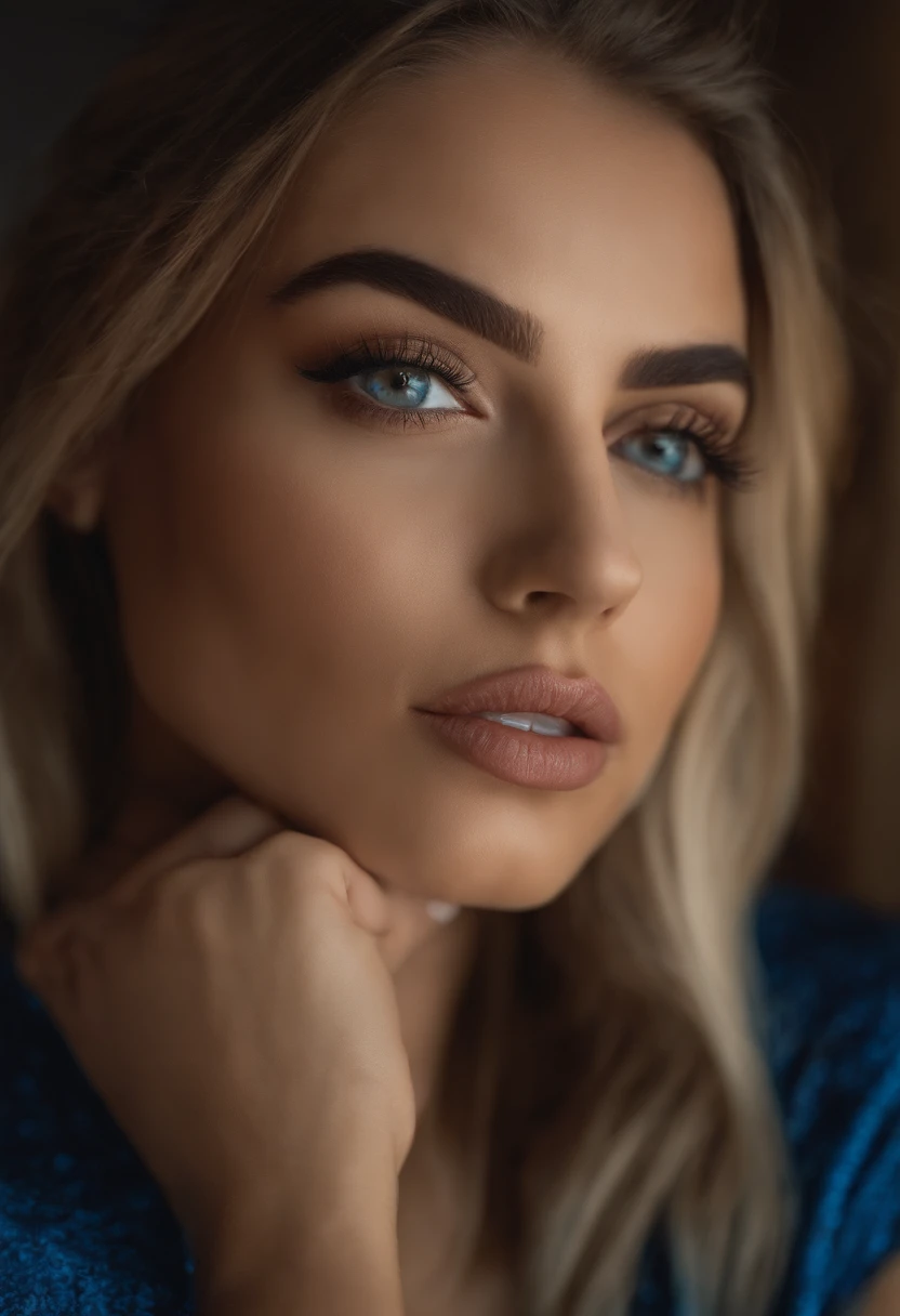 Mujer rubia con camiseta sin mangas y falda a juego posando en un club nocturno, Chica sexy con ojos azules, Retrato Sophie Mudd, Fondo borroso, La mejor calidad, 1girl, Retrato de Corinna Kopf, cabello rubio y ojos grandes, selfie de una mujer joven, Maquillaje OHNE, Maquillaje natural, looks directly at camera, Cara con Artgram, dezentes Maquillaje, Gran foto de cuerpo entero, in the room, senos grandes, rubio, latina