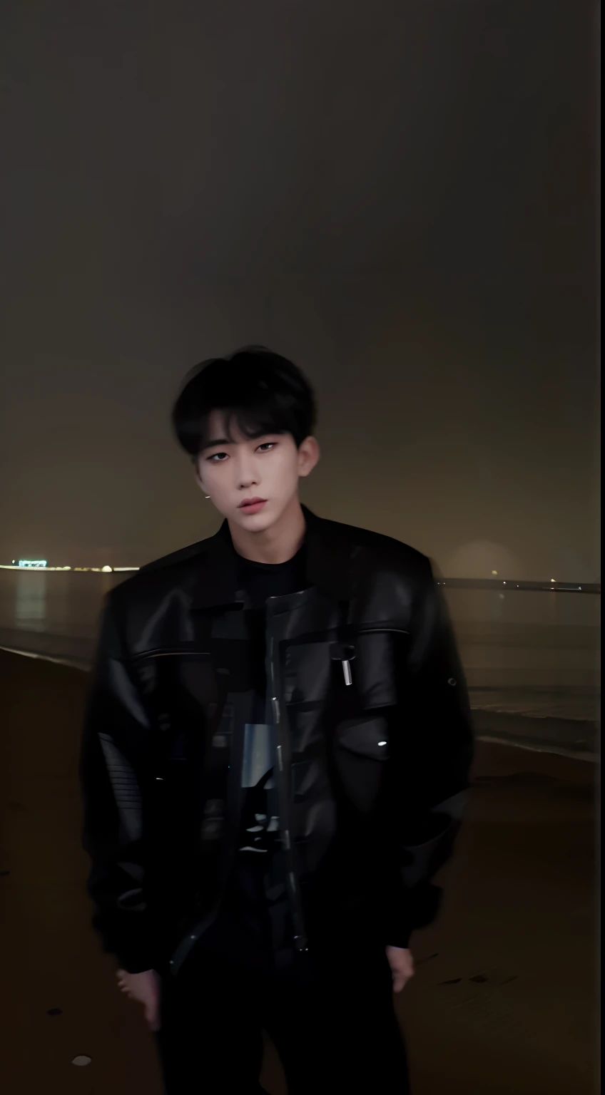 Arafeld man in black leather jacket standing on the beach at night, inspired by Kun Can, low quality footage, jungkook, Cai Xukun, from 8 k matte, some background blur, Inspired by Bian Shoumin, he is wearing a black trenchcoat, grainy low quality, very very low quality picture, Inspired by Zhang Han, Shin Jinying, on the beach