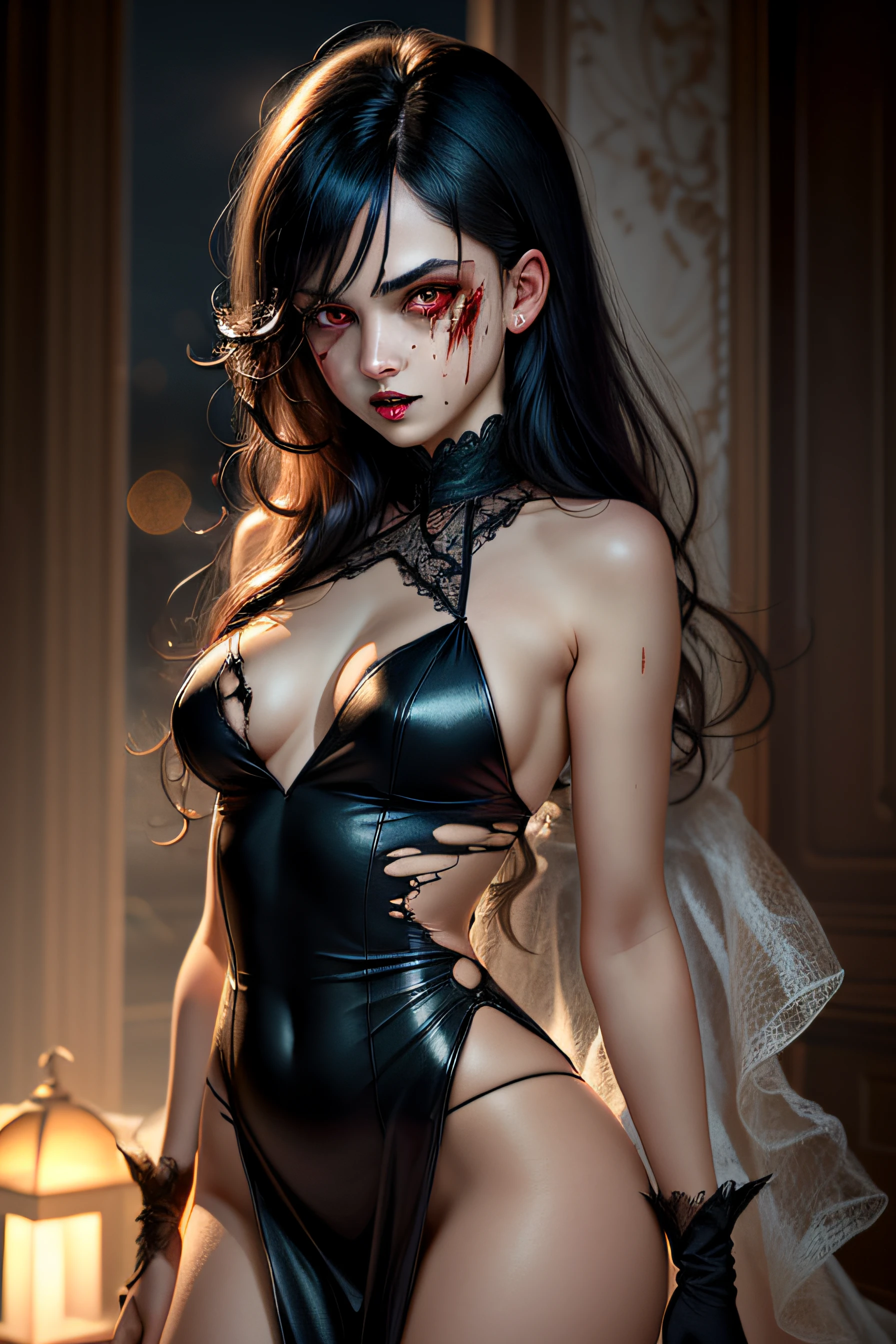 masterpiece, uhd, realistic, detailed, portrait, A pale and sickly girl, evil, very_thin:1.5, very_small_breasts, very_thin_thighs, very_pale_skin, beautiful face, decay, red glowing eyes, messy black hair, torn black gothic dress:1.3, covered in blood:1.5, dirt, fog, night, bokeh, dramatic shadows, horror, evil eyes, terror, scary, unnatural, crazed, twisted, psychotic,  smeared mascara, very_pale:1.5, emaciated:1.8
