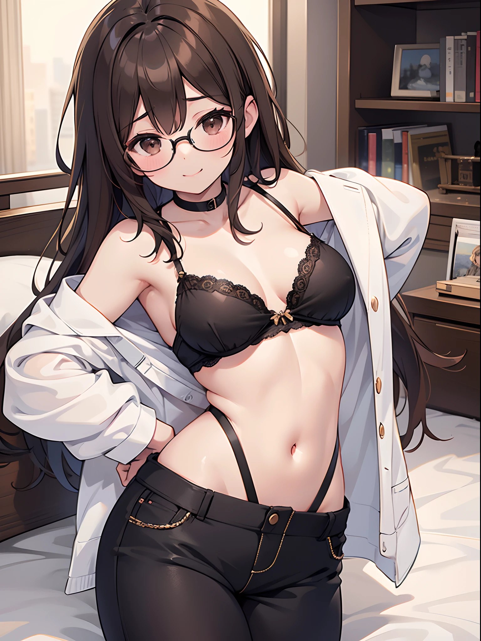NSFW。1 female、brown haired、Brown eyes、Black-rimmed glasses、seductive boobs、gorgeous faces、Perfect body。Best Quality、ultra-detailliert、8K resolution、Raw photo、masutepiece。Lying in bed。camisole、shortpants。a smile。