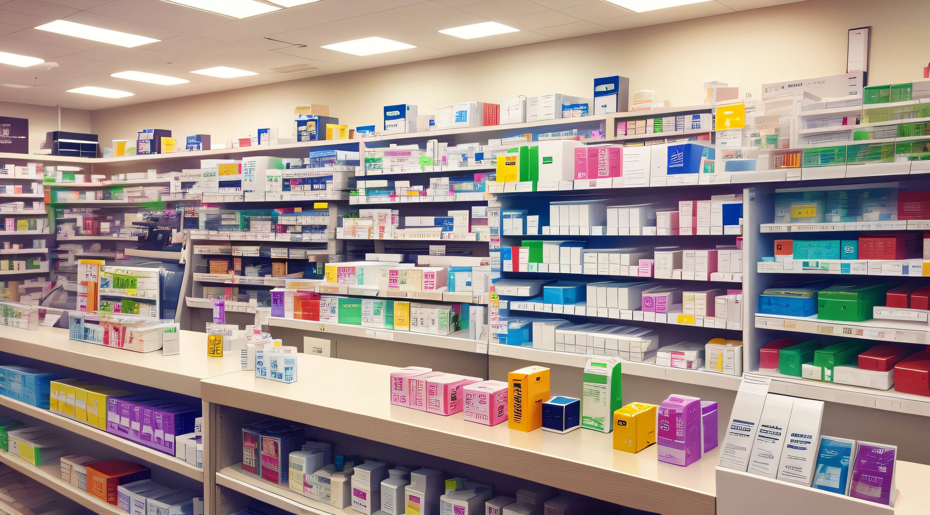pharmacy、Drugs are lined up、shelves、counter、high-level image quality、high-detail、