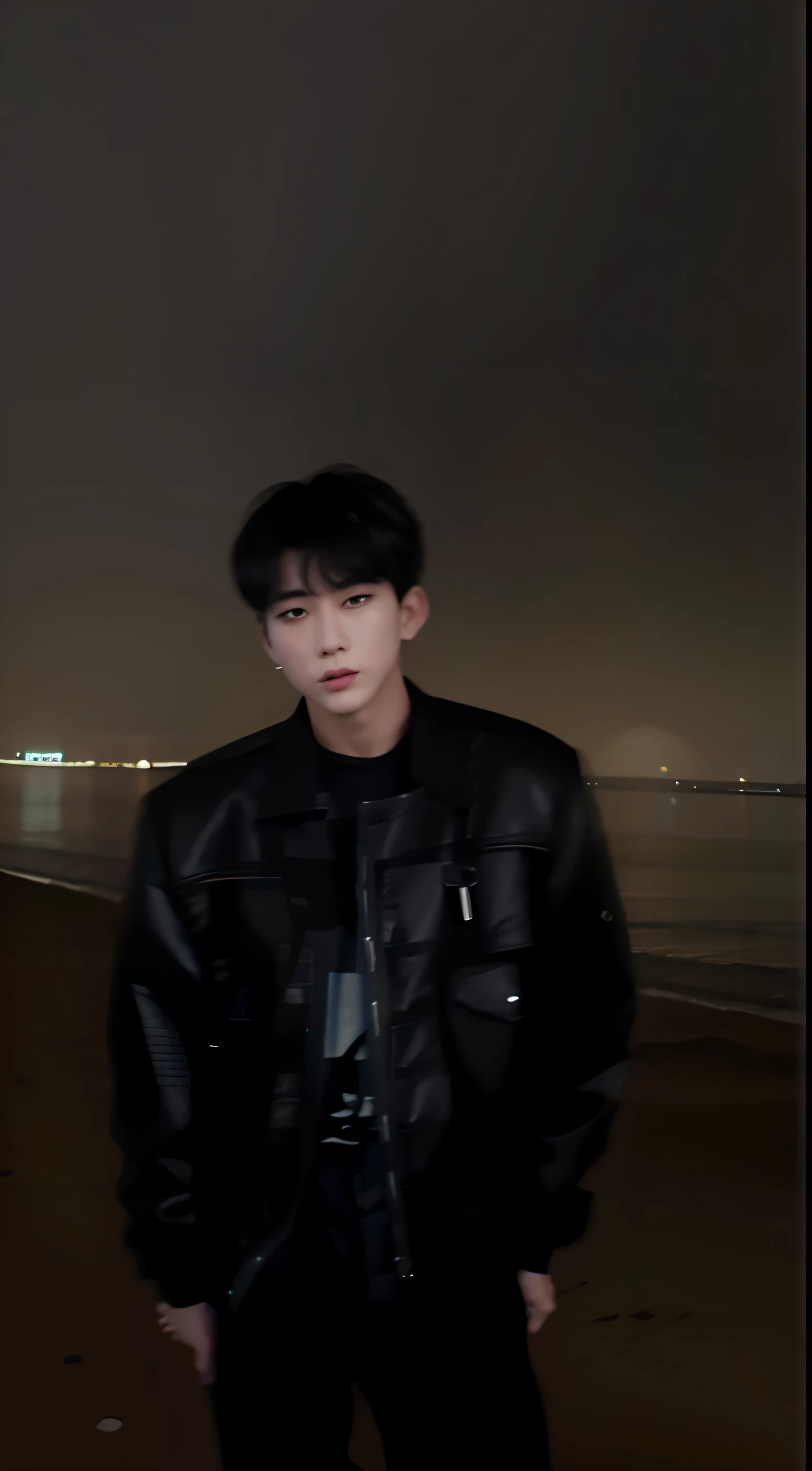 Arafeld man in black leather jacket standing on the beach at night, inspired by Kun Can, low quality footage, jungkook, Cai Xukun, from 8 k matte, some background blur, Inspired by Bian Shoumin, he is wearing a black trenchcoat, grainy low quality, very very low quality picture, Inspired by Zhang Han, Shin Jinying, on the beach