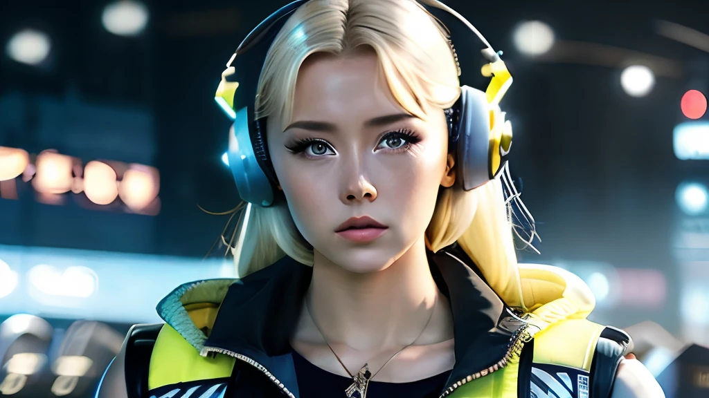 Positive: best quality, highres, solo, blonde hair, a female character is wearing a yellow and black colored outfit with a backpack and a yellow vest, dark black and yellow, sports leisure, blue eyes, long hair, hoop earrings, headphones, chunky cuban link jewelry, medium breasts, pigeoncore, elaborate costumes, neo-dadaist, outdoor conference, mechanized precision, in the style of mecha, sci-fi, anime, ultra-realistic, highly detailed, cinematic, 4k Negative:lowres, bad anatomy, ((bad hands)), text, error, ((missing fingers)), cropped, jpeg artifacts, worst quality, low quality, signature, watermark, blurry, deformed, extra ears, deformed, disfigured, mutation, censored, ((multiple_girls))
