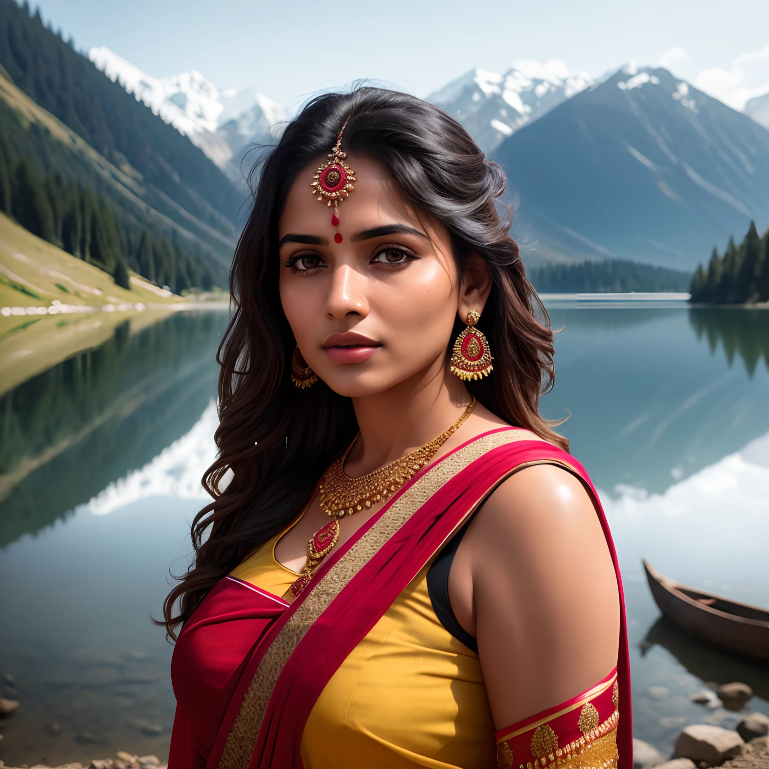 beautiful Indian girl from Jammu And Kashmir, Jammu Kashmir traditional dress, outside near a lake, ((????)), full body image, potrait shot, photorealistic, photo, masterpiece, realistic, realism, photorealism, high contrast, photorealistic digital art trending on Artstation 8k HD high definition detailed realistic, detailed, skin texture, hyper detailed, realistic skin texture, armature, best quality, ultra high res, (photorealistic:1.4),, high resolution, detailed, raw photo, sharp re, by lee jeffries nikon d850 film stock photograph 4 kodak portra 400 camera f1.6 lens rich colors hyper realistic lifelike texture dramatic lighting unrealengine trending on artstation cinestill 800,