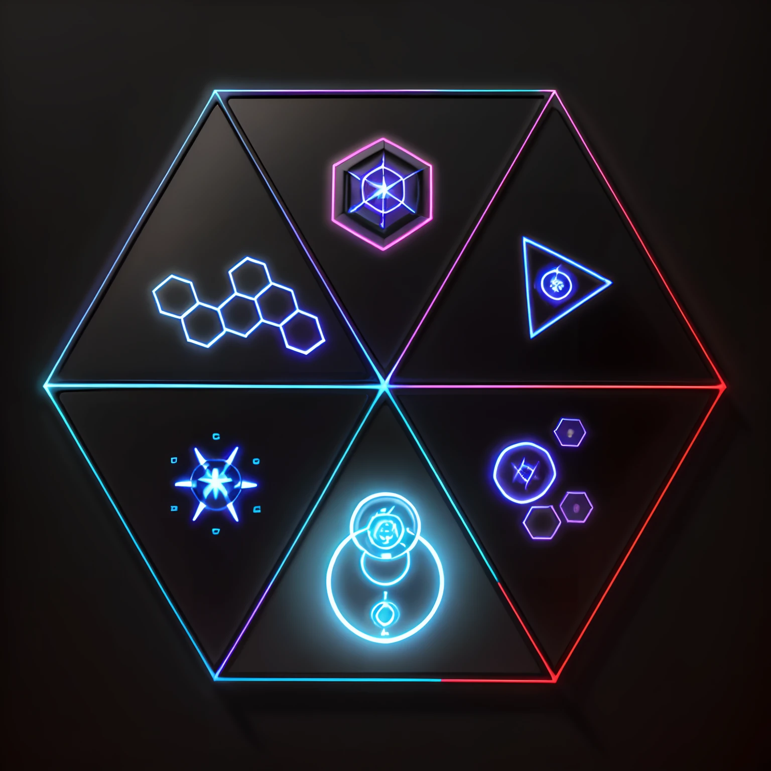 A closeup of a black background with a hexagon with six different colored symbols, cyberpunk demonic symbols, insibidi symbols, Hexglow, seis lados, nonagon infinito, Hexagon, alchemical symbols, Hexagons, Intrincado espectro Wiccano, symbols, hipercubos bioluminescentes, Symbols of living, montagem em grade de formas, alchemical