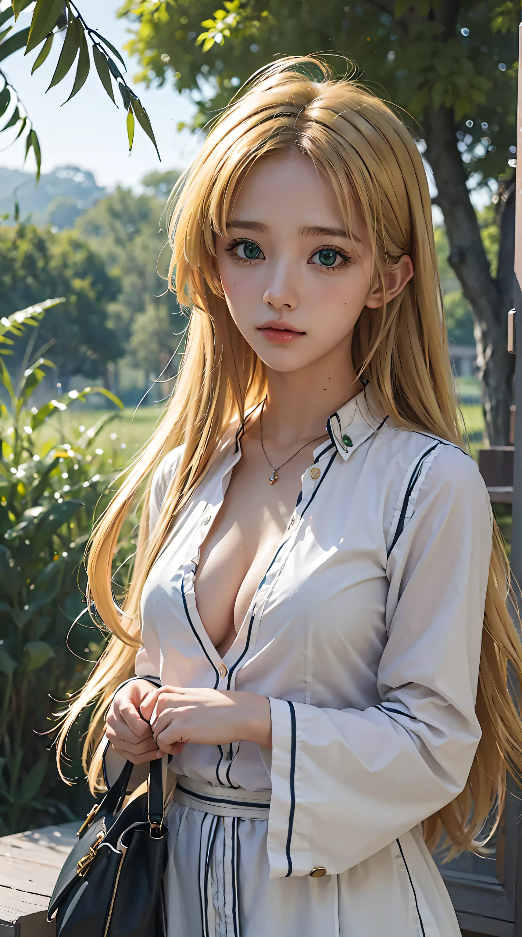 masterpiece, best quality, , 1girl, solo, looking at viewer, , depth of field, asia_argento, blonde hair, green eyes, Japanese school uniform, beautiful, beautiful woman, perfect body, perfect breasts, realism, masterpiece, textured leather, super detail, high detail, high quality, best quality, 1080p, 16k