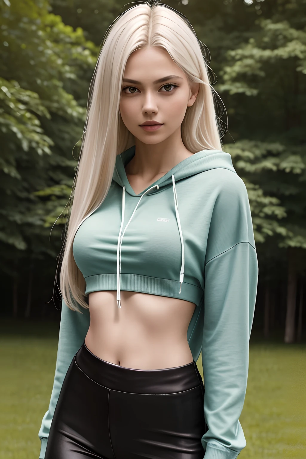 1girl in, age19, Solo, Aesthetic artwork, platinum blonde hair, long straight hair, detailed hair, full c cup breasts, c-cup, slender body, Full body, detailed skin texture, (extremely detailed 8k wallpaper), soft lighting, high quality, film grain, Fujifilm XT3 sharp focus, f 5.6, 50mm, High Detail, Sharp focus,(natural light), (seductive), in a cropped top standing in a park with green grass, wearing a sexy cropped top, wearing a cute blue top, wearing a blue cropped hoodie, wearing crop top hoodie, wearing low rise leggings, wearing black leggings, Realistic, ultra realistic, photo realistic
