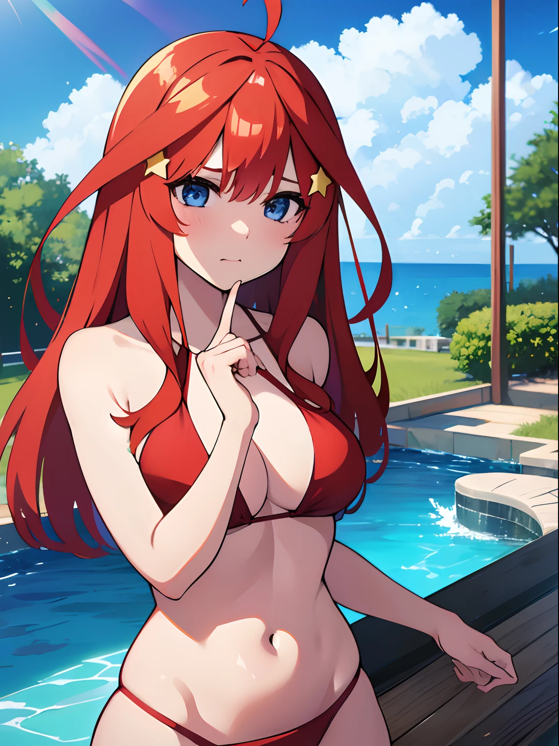 Satsuki Nakano(The Bride of Fifths)、1girl、​masterpiece、top-quality、ultramarine blue eye, long red hair, star hair ornament, crimson sling bikini、ahoge, A sexy、swimming pools、、