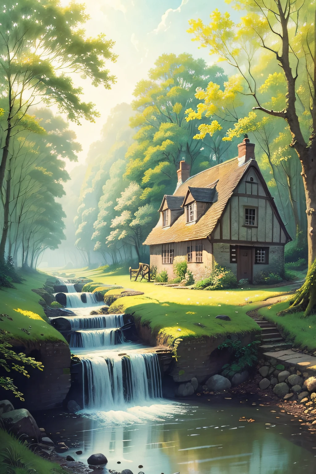 beautiful countryside of a 19th century, England, beautiful forest, watermill, watercolor