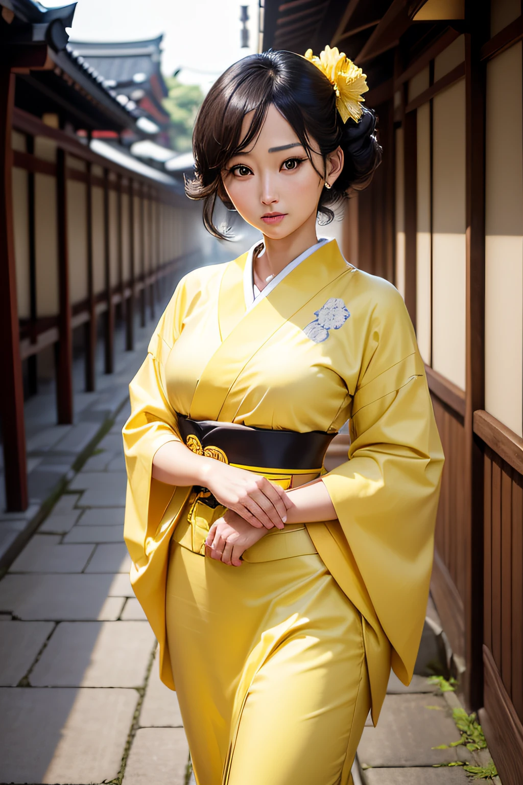 Approach to Yasaka Shrine　Upstyled beautiful egg-shaped face with forehead　Showa retro kimono