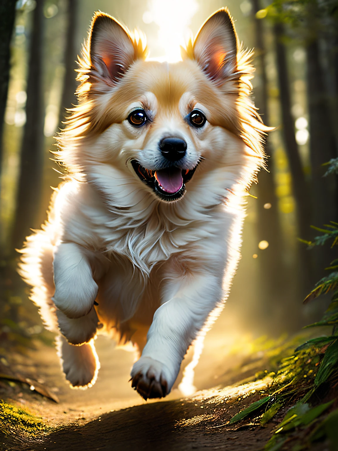 Close-up photo of a very cute jumping puppy in the forest、Soft volume light、(back lighting:1.3)、(cinematic:1.2)、intricate detailes、(art stations:1.3)、rutkowski Hair shining gold Almond Eye