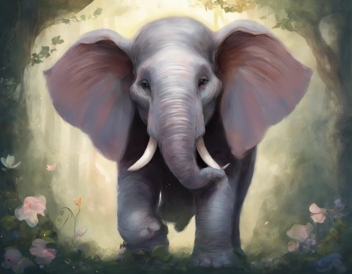 elefante con orejas grandes, estilo dumbo, hablando con una rata, Disney-style design, Story for children,