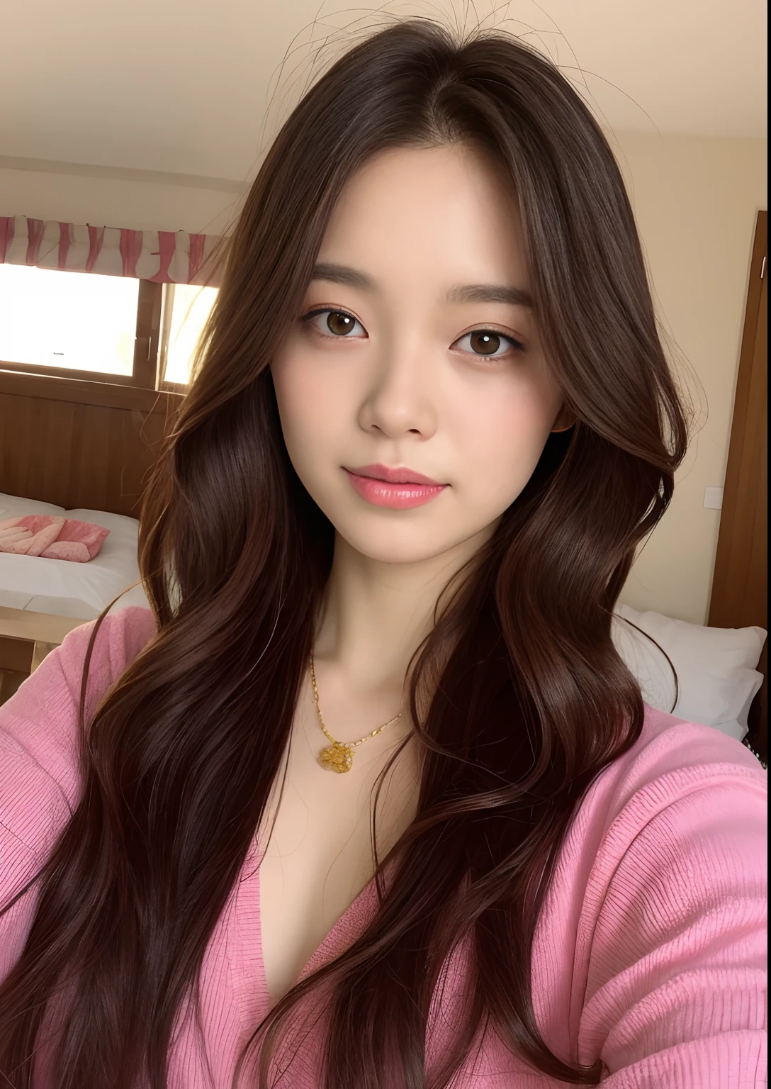 (独奏),1girl in、 (kawaii:1.3), (sepia colored hair, Front hair:1.2),
doress、looking at the viewers、iridescent eyes、symbol-shaped pupils、long-sleeve、bangss、bluntbangs、Expensive jewelry、Plaid dresses、makeup、eye lashes、a necklace、hair wavy、Indoors、Messy room、window、Dolce、girl's own room、pink theme、painterly\(Curly\)、Loaded interior、bedroom、(((Otaku Room))), NaturalHand2-3500, Ultra-high-quality photos, RAW Photography, beautiful detailed face and eyes, (Photorealsitic:1.4), top-quality, hight resolution, realisitic, 16k, Caustics, Core Shadow, Dinamic Light, Beautiful and delicate lips, delicate finger, Detailed pupils, Real human skin, (ighly detailed),, (natural soft light:1.2), gochuumon wa usagi desu ka?, ​masterpiece, top-quality, Nostalgic