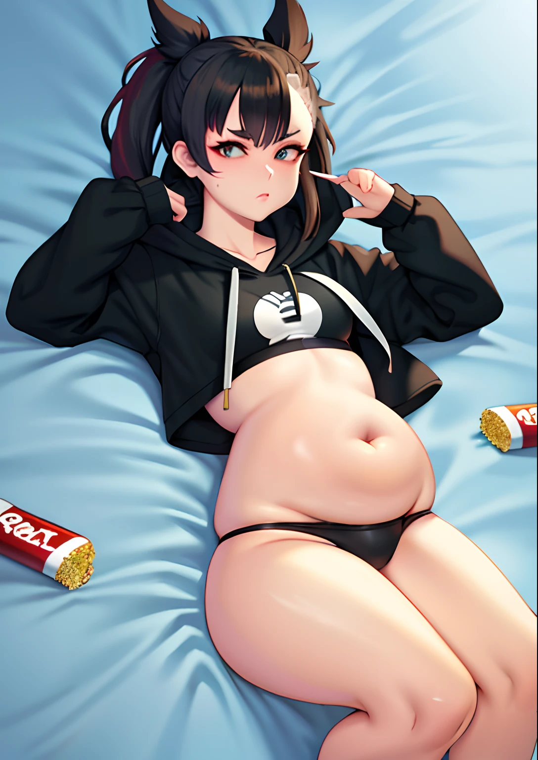 art by kipteitei, marnie, laying down, hoodie, surrounded by fast food, small belly (best quality, masterpiece)