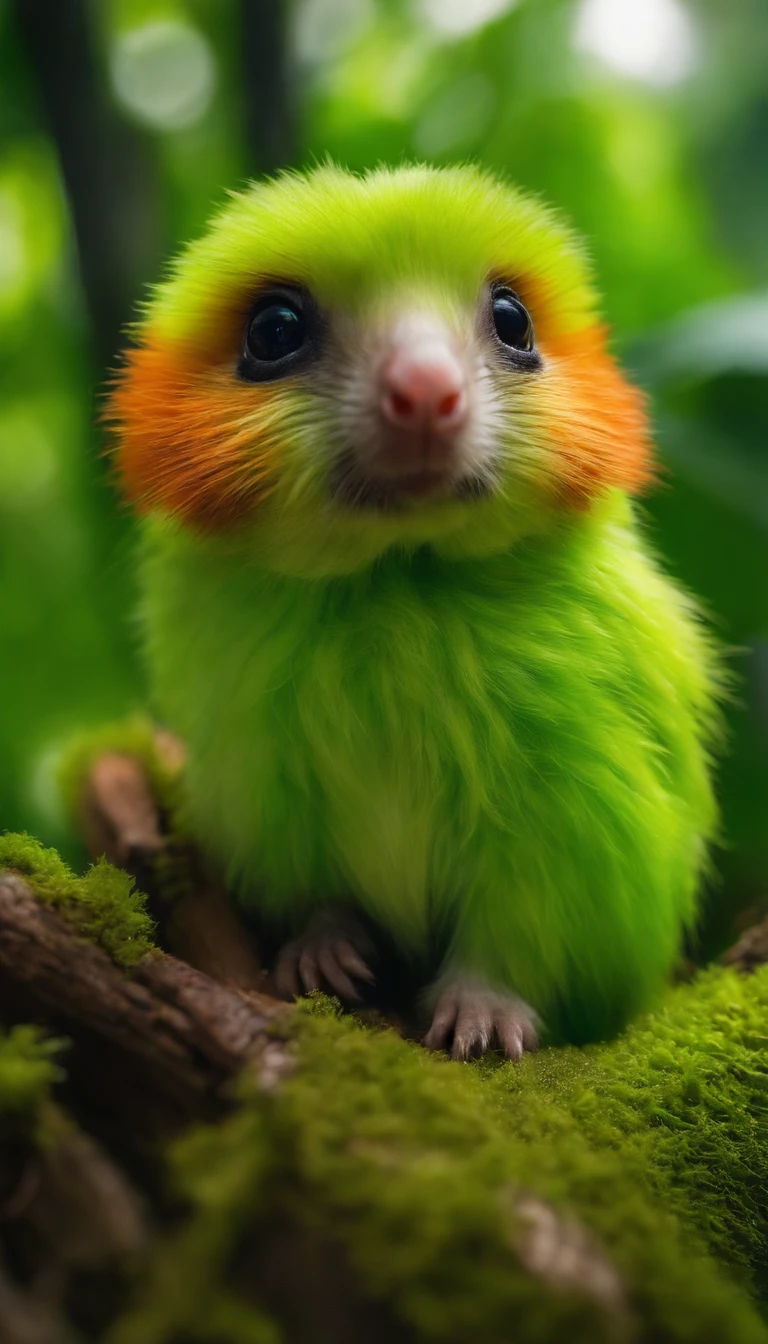 adorable creature,Semelhante a uma mistura de Youkshire e morango, 可爱, fofo, peludo, Felpudo, Floresta, Morangos, com fundo infinito verde cromakey