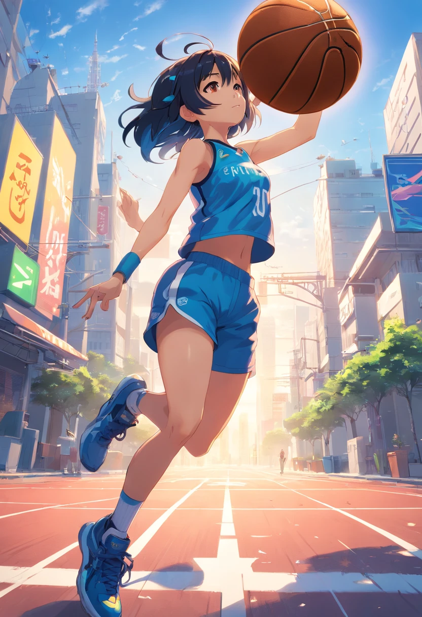 ((foto crua)), ((obra-prima)), Anthropomorphic humanoid lizard wearing basketball clothes, basketball tennis, capuz, Pants, caminhando furiosamente entre as pessoas, detalhe intrincado, intricate Greebles pieces, city behind, corpo musculoso, muscular arms, small head, Ogro monstruoso, Titan, sneaker, soft-lighting, 32k, Hiper realista, The background details are exquisite,The scene is surreal,Create a charming graphic style