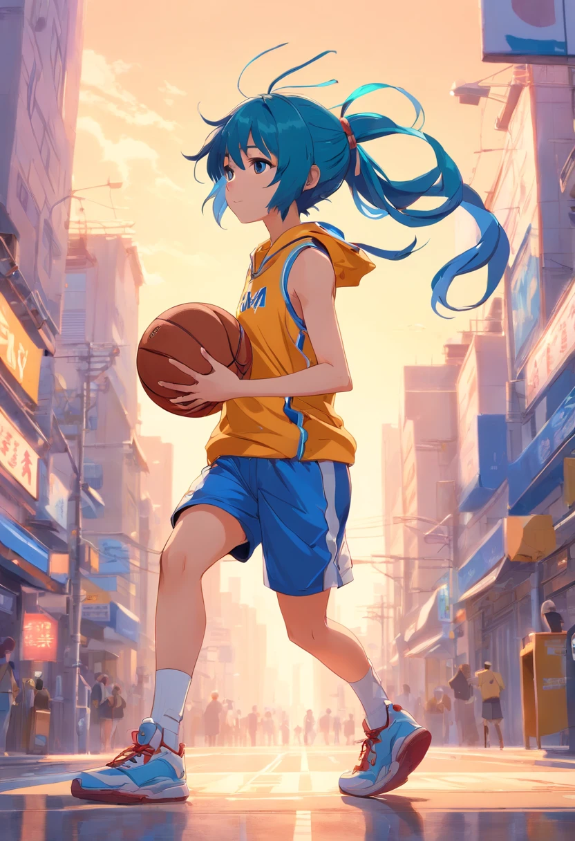 ((foto crua)), ((obra-prima)), Anthropomorphic humanoid lizard wearing basketball clothes, basketball tennis, capuz, Pants, caminhando furiosamente entre as pessoas, detalhe intrincado, intricate Greebles pieces, city behind, corpo musculoso, muscular arms, small head, Ogro monstruoso, Titan, sneaker, soft-lighting, 32k, Hiper realista, The background details are exquisite，The scene is surreal，Create a charming graphic style