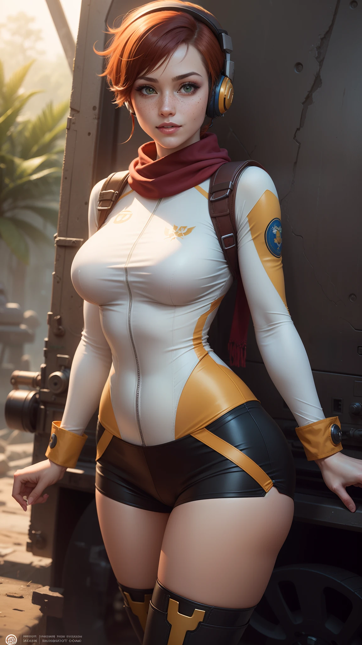 gwen tennyson,tracer,chun-li,rebecca chambers,tomb raider,overwatch,1girl, close up,mecha pilot,mayan jungle,red and white plugsuit,hair pin,pirate corset,white long sleeve lycra top,silver lycra micro shorts,short hair,cute makeup,green eyes,orange and gold hair,shy smile,freckles,redhead,beautiful girl,large breasts,ultra detailed,realistic, fantasy art,military uniform,military gear, pilot scarf,pilot jacket,helicopter,wet shirt,thigh high boots,gaming headset,