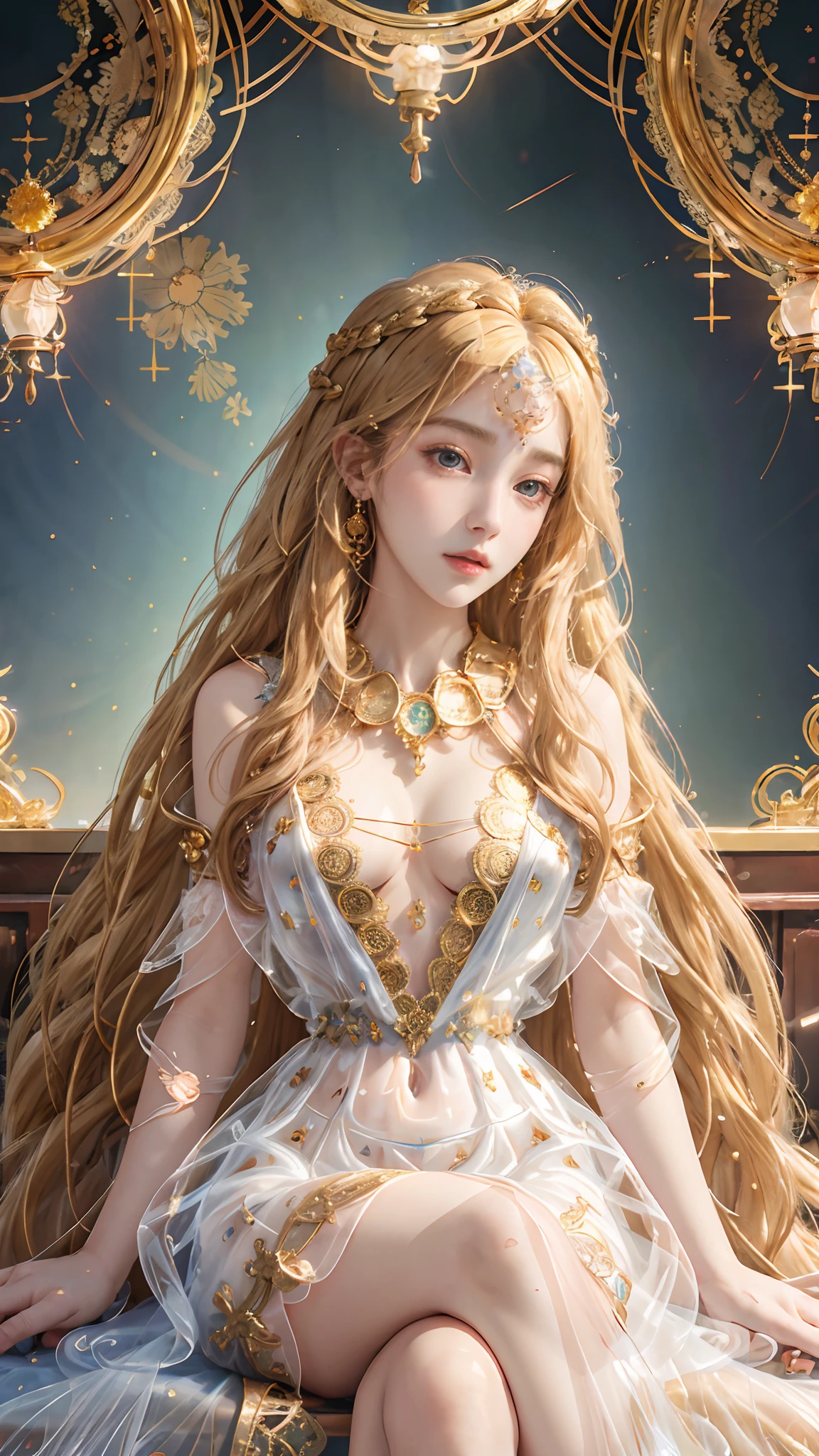 official art, unity 8k wallpaper, ultra detailed, beautiful and aesthetic, High quality, beautiful, masterpiece, best quality, 1 queen, small bust, (round bust:1.5) , (Long hair:1.5) , (zentangle, mandala, tangle, entangle:0.6) , (transparent dress:1.2) , (golden Lace transparent:1.2) , (bare waist:1) , (covered breasts:1.2) , sitting