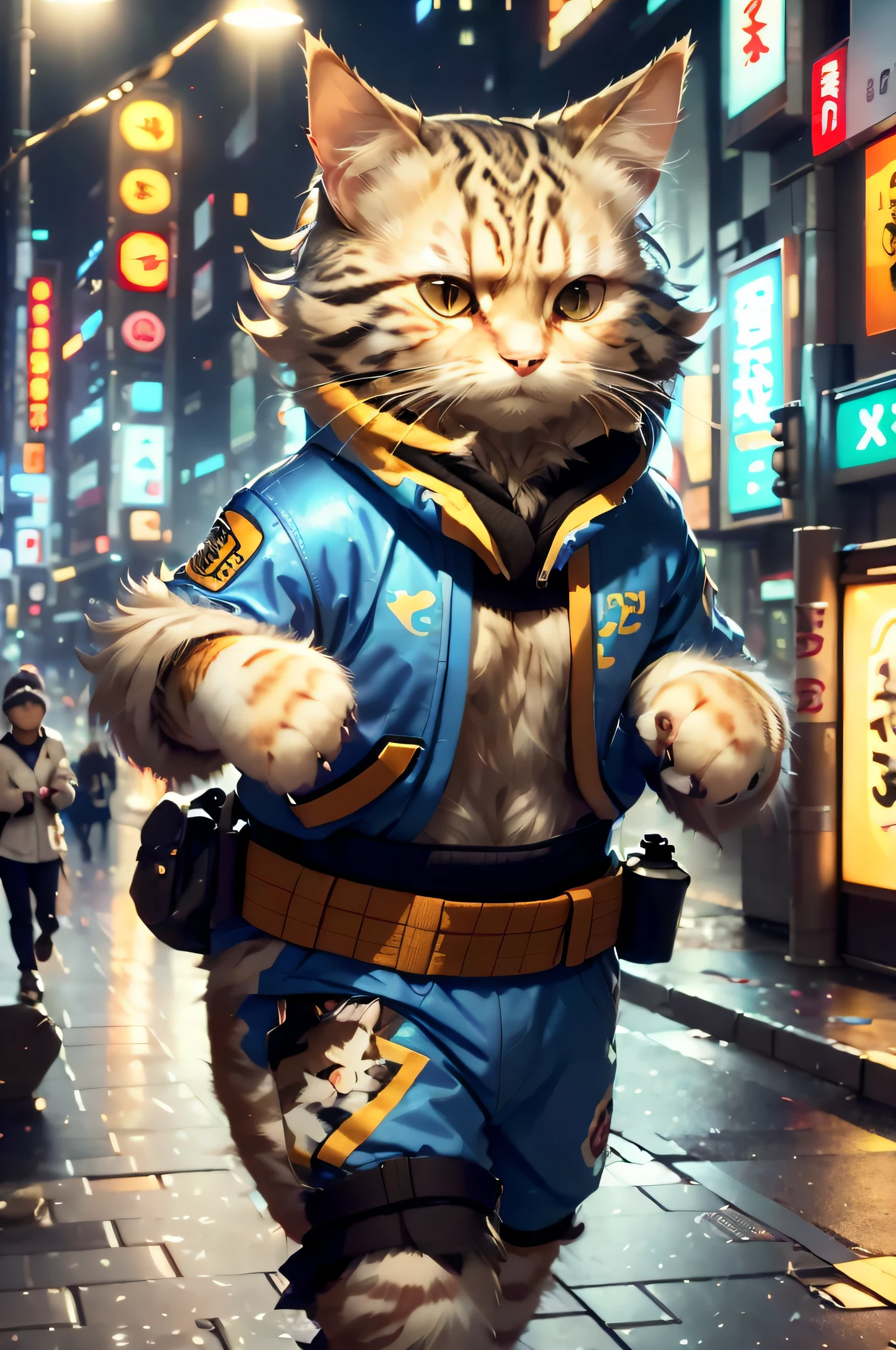 c4ttitude, Attentive eyes, fur, challenger, agile, engaging, Fashion clothing, nylon, Fast paws, walking at street, Boxing pose, (Tokyo Night Street Background 2021), Masterpiece, Best quality, Ultra-detailed,8K wallpaper, Hyper-Resolution, Unreal 5,Detail portrayal,Clear lines