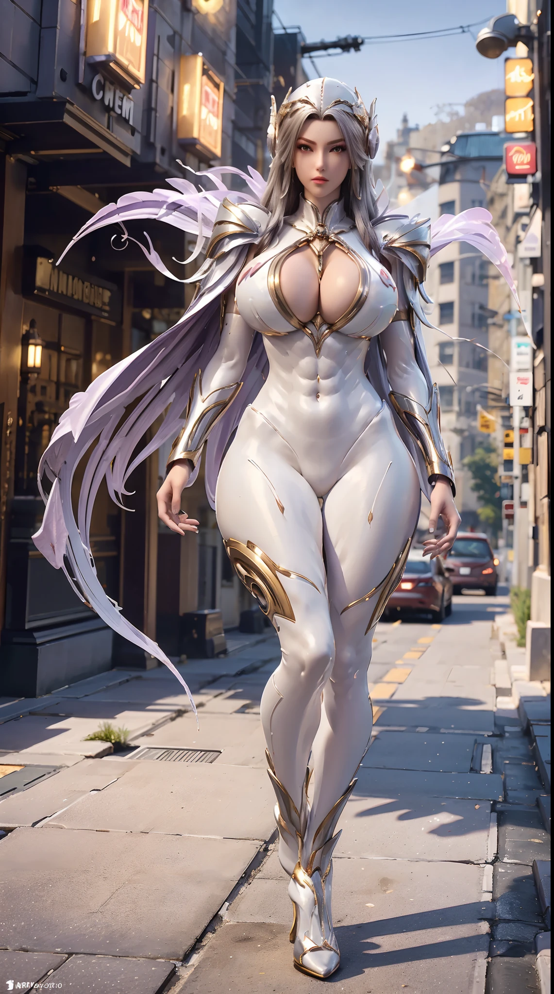 1GIRL, SOLO, (DRAGON HORN HELMET), (HUGE FAKE BOOBS:1.3), (WHITE, GOLD, PURPLE), (FUTURISTIC MECHA BODYSUIT, ROYAL FEATHERS CLOAK, CLEAVAGE:1.2), (SKINTIGHT YOGA PANTS, HIGH HEELS:1.2), (PERFECT BODY, MUSCLE ABS, LONG LEGS, FULL BODY VIEW:1.5), (LOOKING AT VIEWER), (WALKING DOWN STREET CYBER NIGHT CITY:1.2), ULTRA HIGHT DEFINITION, 8K, 1080P.