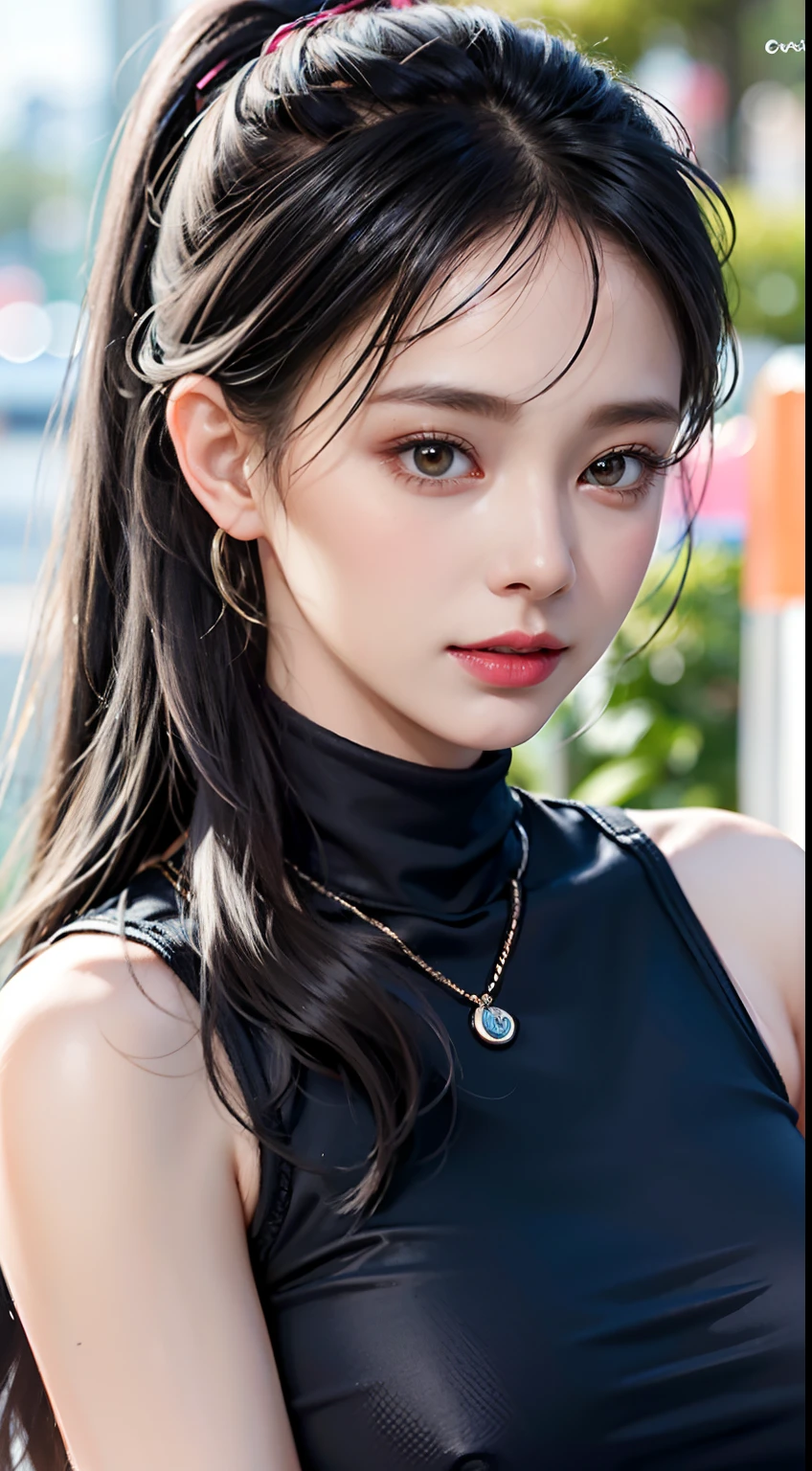 18-year-old schoolgirl, cute schoolgirl, beautiful girl, delicate and beautiful girl, delicate facial features, long-range portrait, 8K picture quality, extreme detail, detail portrayal, messy hair, (cute bangs), ponytail, flowing hair, black hair, slim face, perfect proportioned body, slim body, realism, super high resolution, master work 1, real texture, movie lighting realism, facial features, supple lips, ((pure desire makeup)), pure girl, first love, first love, shyness, Blush, shyness, innocent expression, summer, outdoors, ((street reality)), gaze at the camera, look at the viewer, (turtleneck sleeveless crop top), ((pink), leather wrapping, (huge breasts), sleeveless
