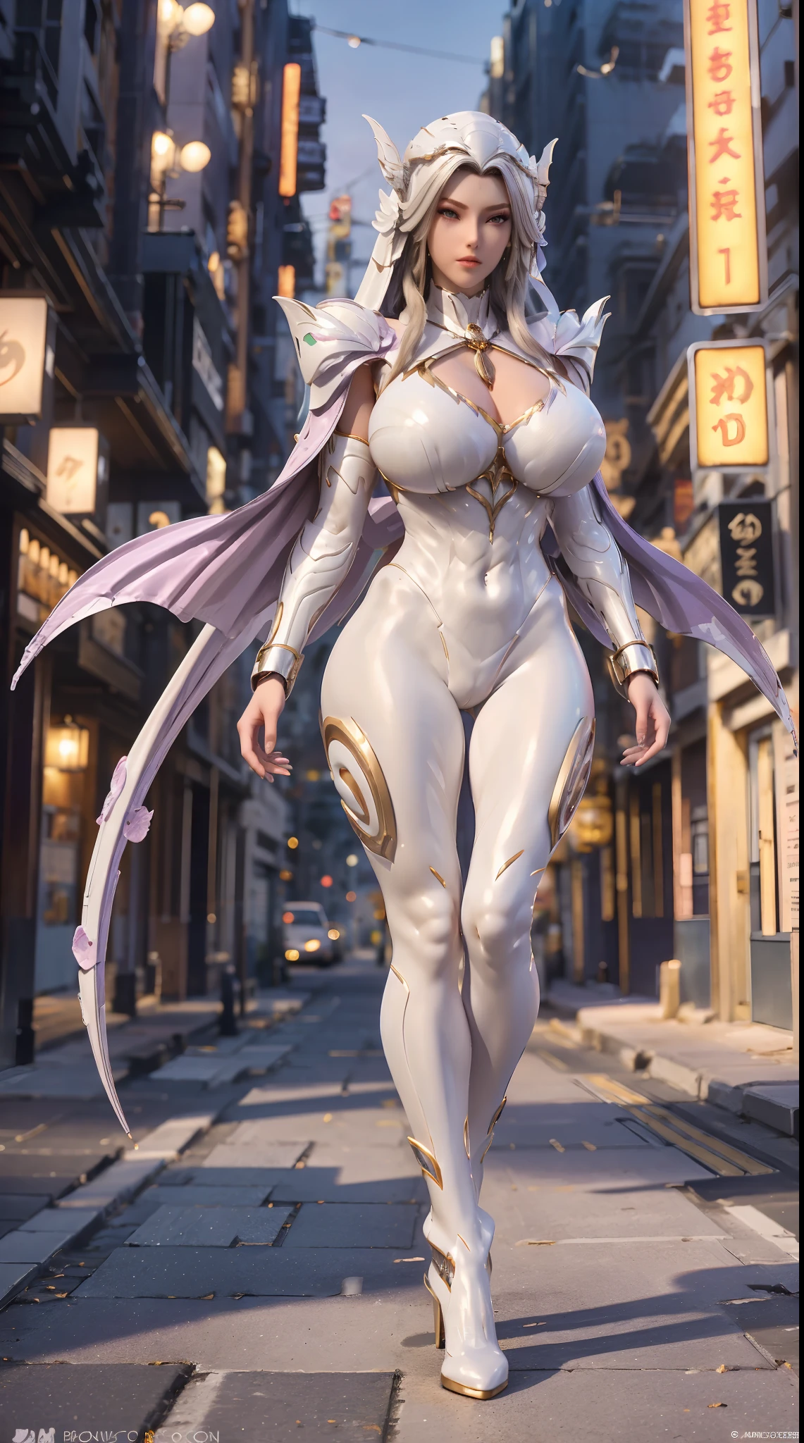 1GIRL, SOLO, (DRAGON HORN HELMET), (HUGE FAKE BOOBS:1.3), (WHITE, GOLD, PURPLE), (FUTURISTIC MECHA BODYSUIT, ROYAL FEATHERS CLOAK, CLEAVAGE:1.2), (SKINTIGHT YOGA PANTS, HIGH HEELS:1.2), (PERFECT BODY, MUSCLE ABS, LONG LEGS, FULL BODY VIEW:1.5), (LOOKING AT VIEWER), (WALKING DOWN STREET CYBER NIGHT CITY:1.2), ULTRA HIGHT DEFINITION, 8K, 1080P.
