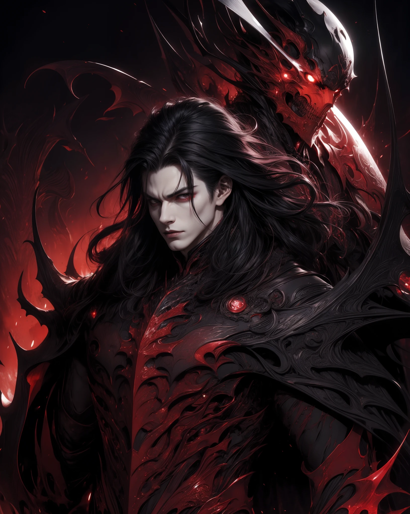 Pale skin handsome man, wearing beautiful elegant black_red suit, dark_fantasy, curly long hair, red moon, pixiv, vampire, elegant spooky, ffxiv, dramatic light, fantasy background, manga style, Tsutomu Nihei style, vibrant colors, Manga nib pen style, dramatic lighting, beautiful_sparkle background, ((shiny )), glistening, highly detailed, light, spooky atmosphere — quality, ((more details:1.5))