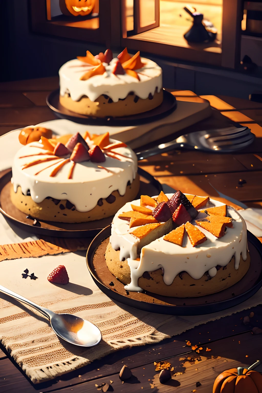 kitchen, autumn sweets, cakes, cookies, milk, halloween, wide field of view, burning clouds Best quality, 8k, perspective, depth of field, high resolution, fine detail, ultra detail, sharp focus, colorful