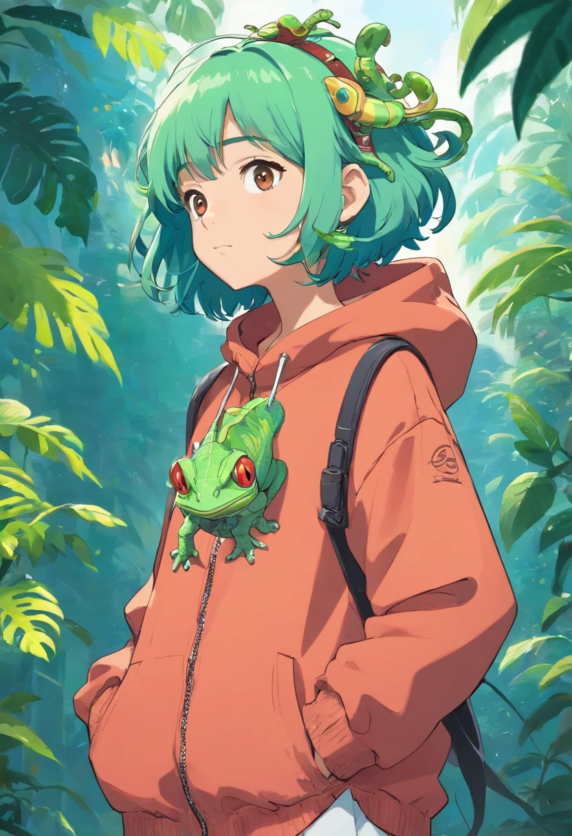 Image of a chameleon com cabelo grande standing, fumando um baseado, vestindo roupas estilo hip-hop, com correntes de hip-hop