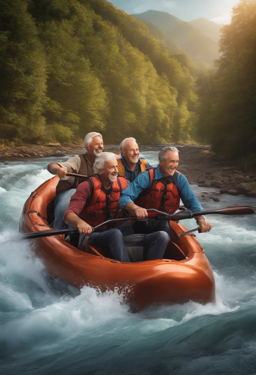 three middle aged men enjoying river rapid ride, illustration, 4k image, hd quality, png