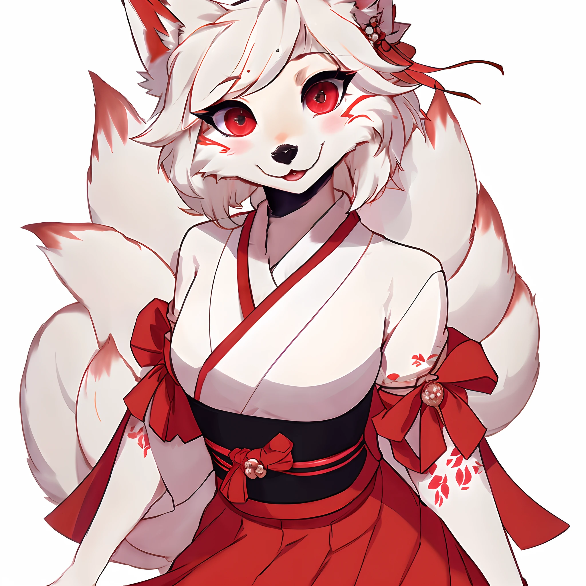 anime girl with red eyes and a red dress, fox nobushi, a beautiful fox lady, kitsune, a beautiful kitsune woman, very very beautiful furry art, female fursona, fursona art, kitsune three - tailed fox, white - haired fox, furry art!!!, gorgeous werefox fursona, kitsune inspired armor, white fox anime